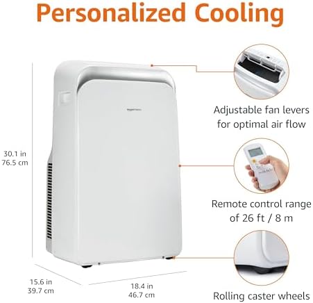 Amazon Basics 4-In-1 Portable Air Conditioner, 13500 BTU (ASHRAE), Cools Up to 550 Sqf, Portable AC with Cool/Heat/Dry (Dehumidifier)/Fan-Only Functions, Auto Mode, Sleep Mode, Timer, White