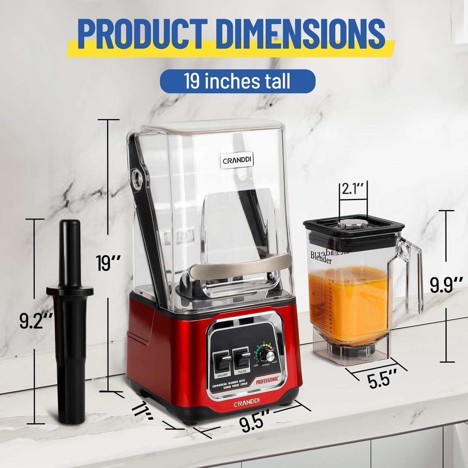 CRANDDI Commercial Blender, 2200W Countertop Blenders with Removable Shield, Quiet Smoothie Blender for Shakes and Ice Crushing, 52oz, 38000 RPM Professional Blenders for Kitchen, K80 (Red)