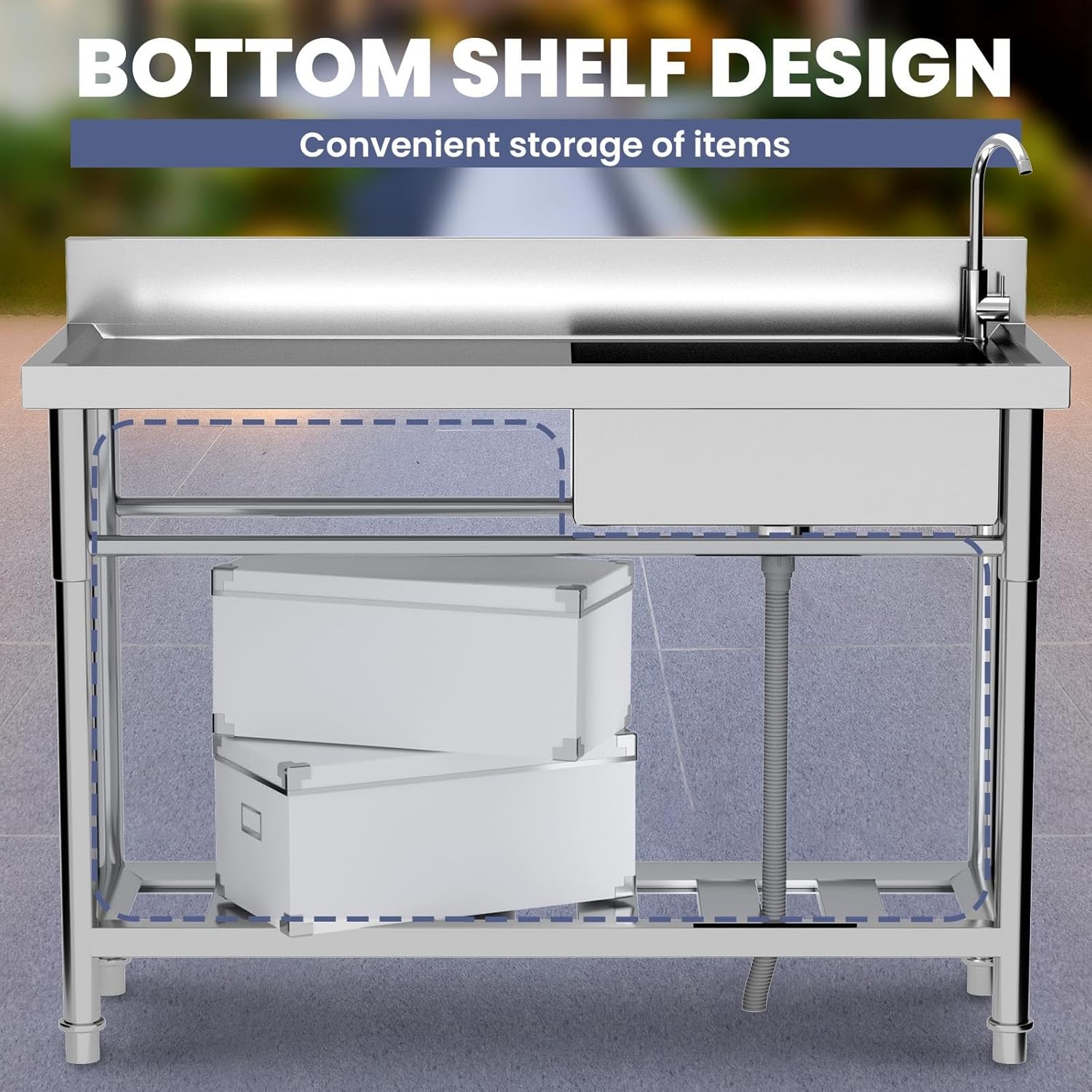 47.2'' Free-Standing Single Bowl Sink, Stainless Steel Kitchen Appliances Sink with Workbench, Cold/Hot Water Pipe for Farmhouse, Laundry & Commercial Use (Single Bowl)