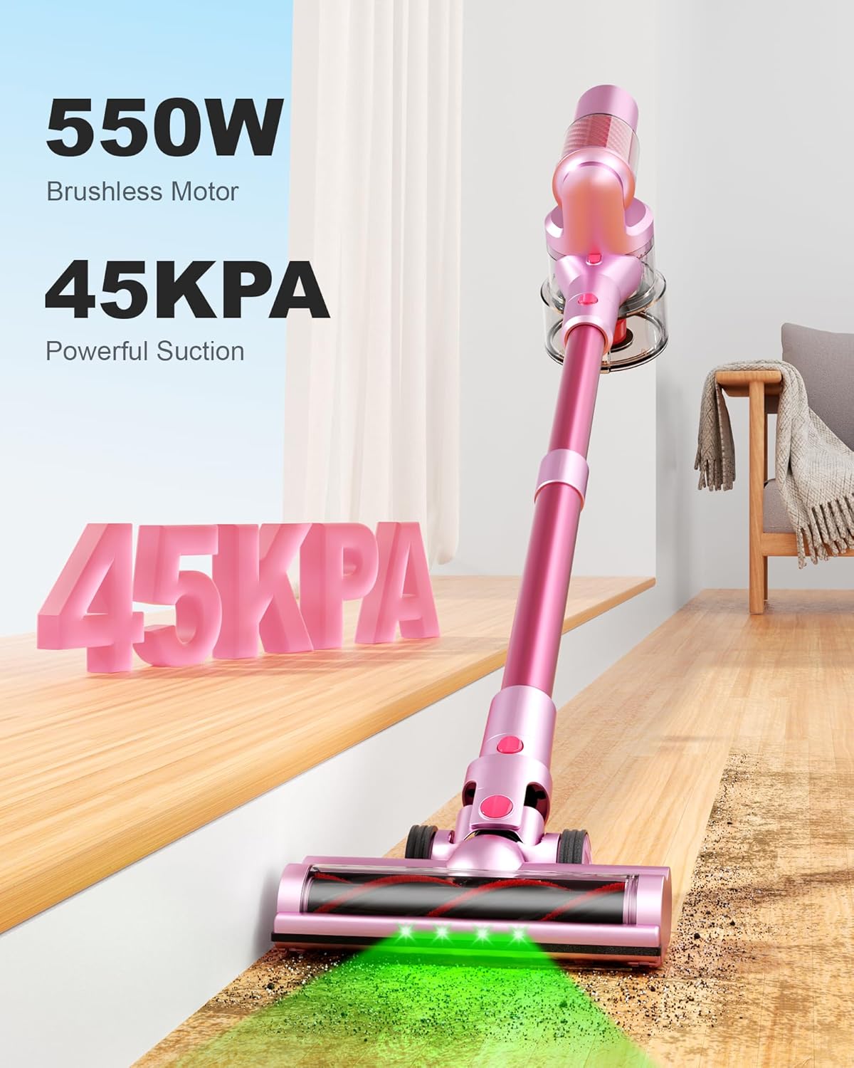 Pink Cordless Vacuum Cleaner, 45Kpa/550W/60 Mins Runtime Stick Vacuum with Self-Standing and Touch Screen, Anti-Tangle Wireless Vacumm, Vacuum Cleaners for Home/Pet Hair/Carpets/Floors