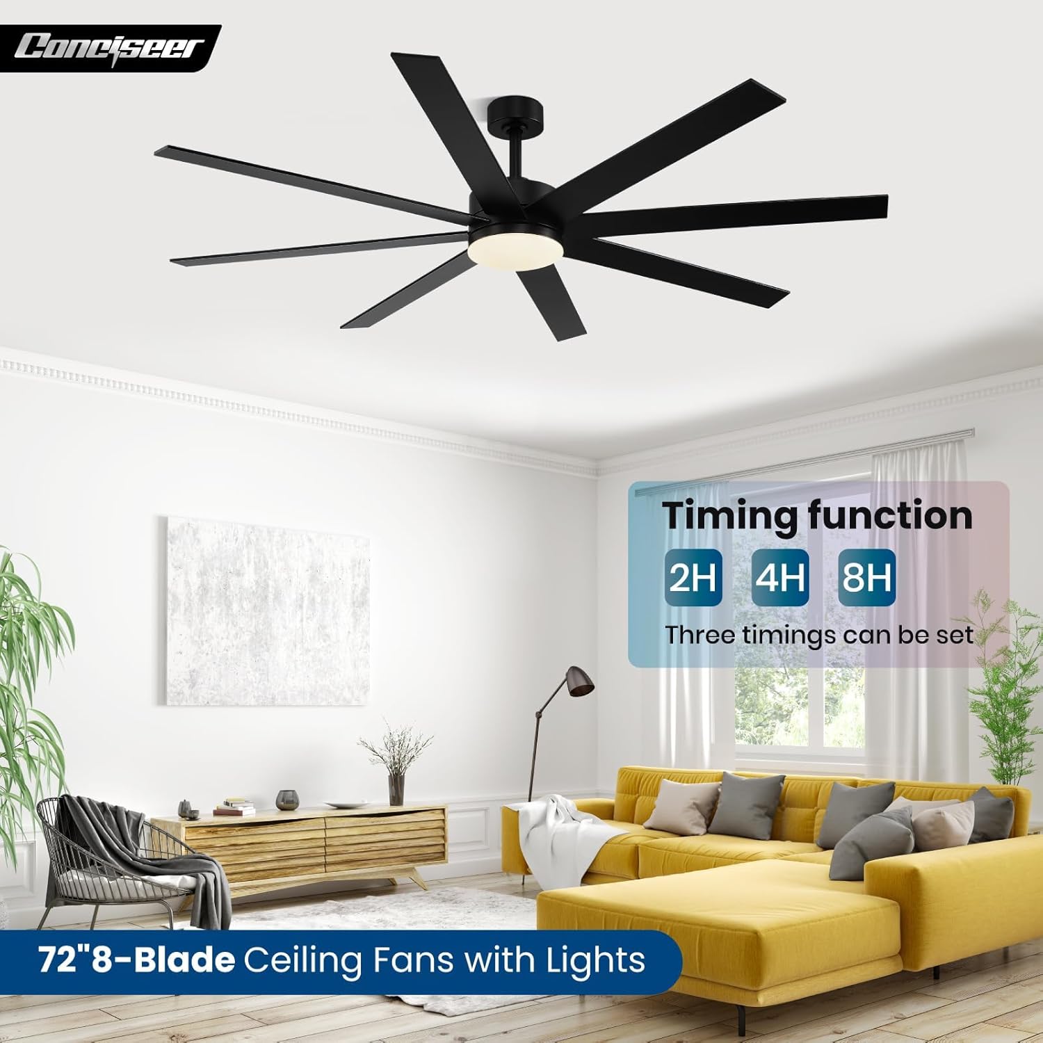 Modern 72 Inch Ceiling Fans with Lights and Remote, Dual Color 8 Blades,Living Room Office Library Cafe Outdoor Industrial, 24W 3CCT 6 Speed Reversible Quiet DC Motor, Black/Wood Grain