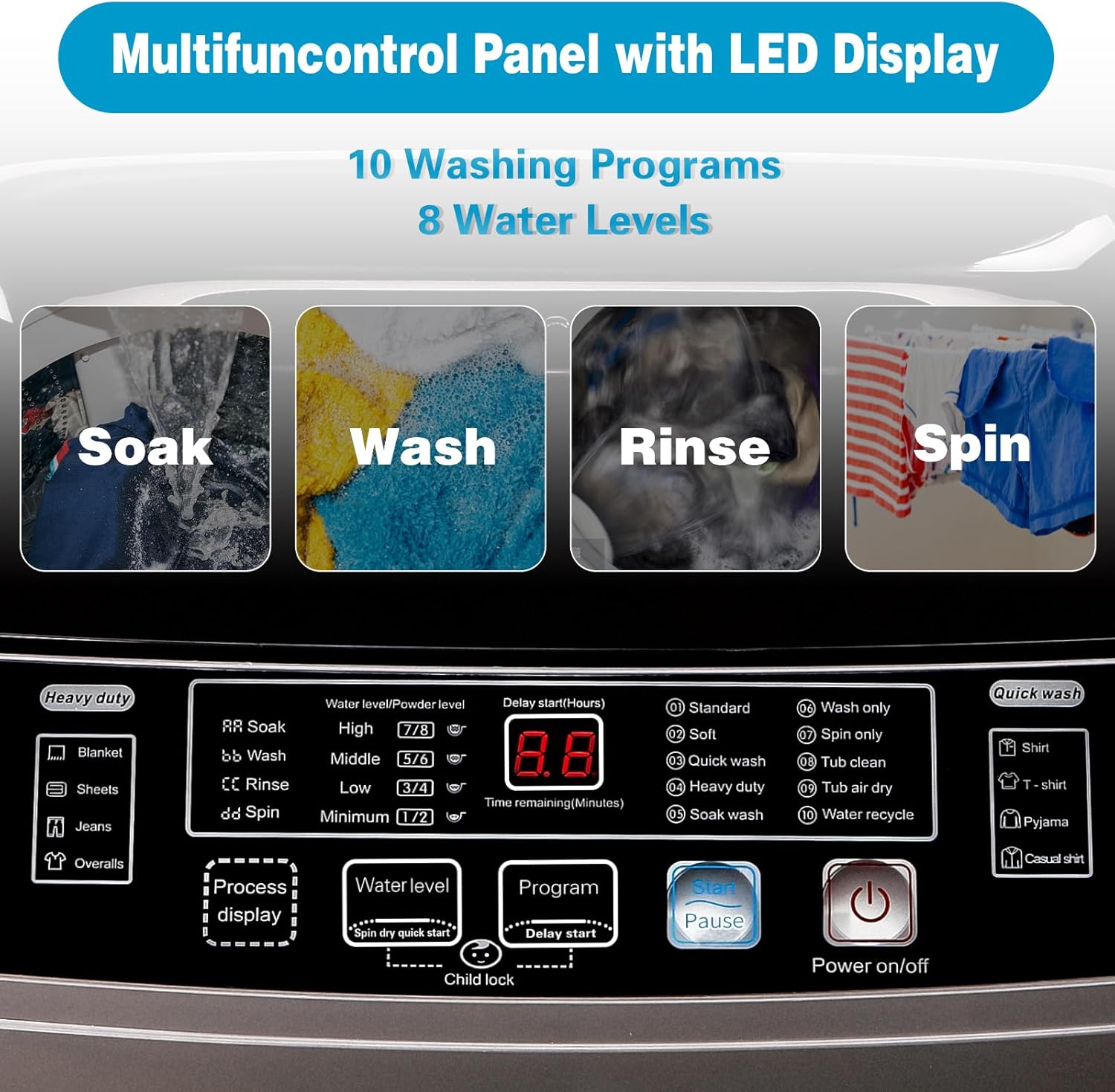 Anukis Fully Automatic Washing Machine, 13 lbs Capacity Compact Laundry Washer with Drain Pump 10 Wash Program & 8 Water Levels for Apartment, Dorm, RV, Gold