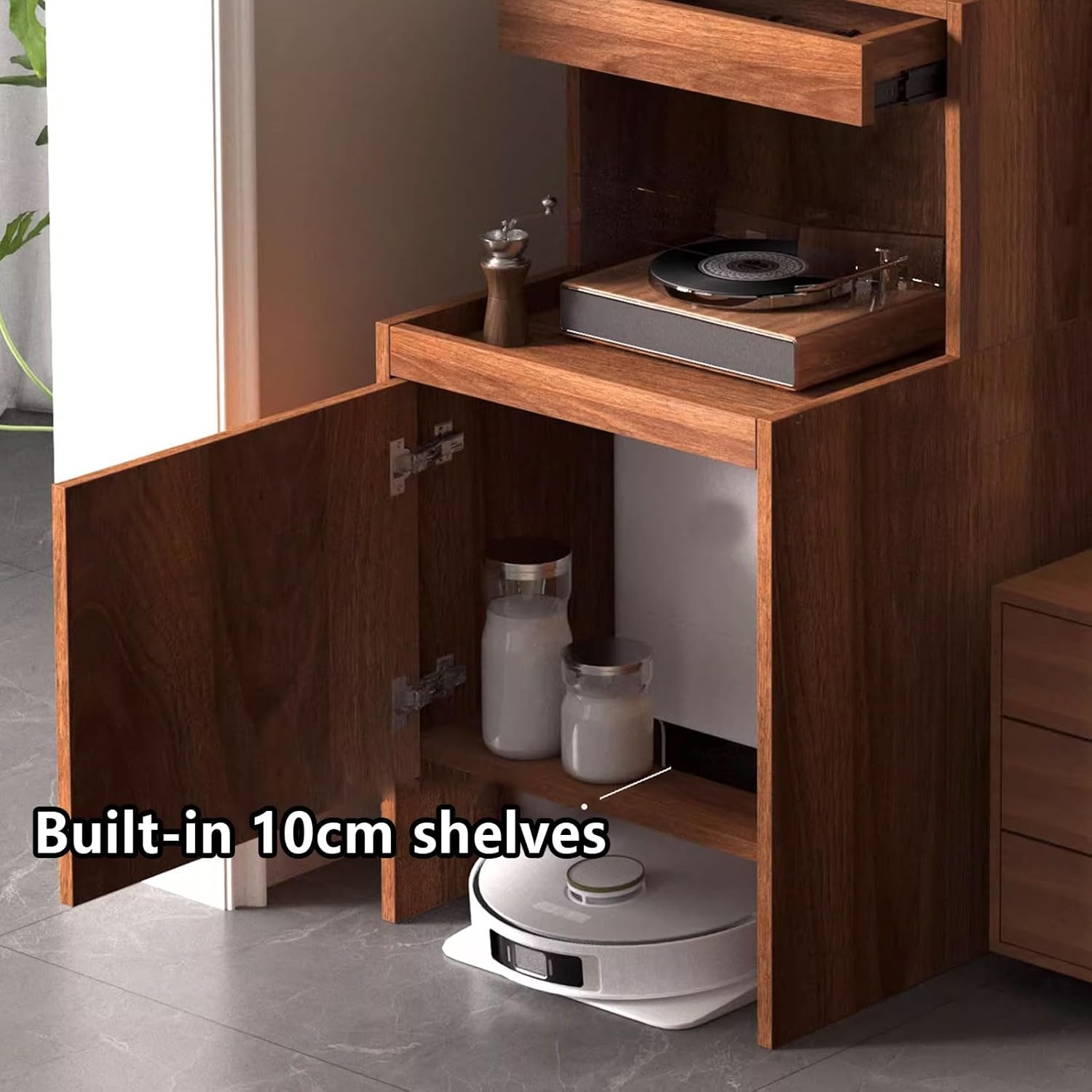 Robot Vacuum Cabinet Small Storage Cabinet with Drawers and Pull-Out Layer Modern end Table Multilayer Board Material Tabletop Can Bear 10kg 50 * 50 * 100CM(Natural)