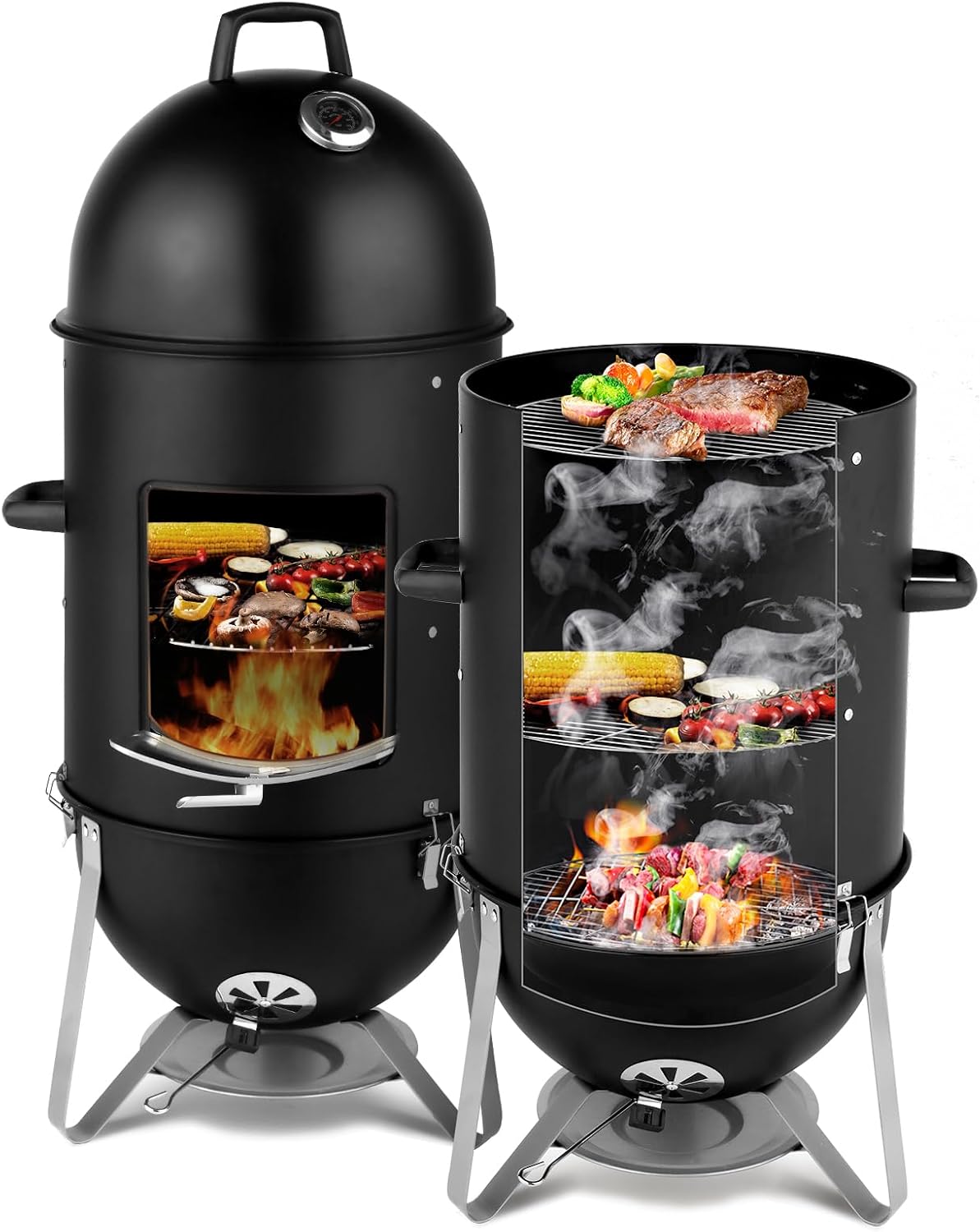 Vertical Steel Charcoal Smoker, Round BBQ Grill Vertical Charcoal BBQ Smoker, 3-in-1 Portable Outdoor Grill Cooker with Built-in Thermometer for Outdoor Cooking Backyard Grilling Camping Picnic