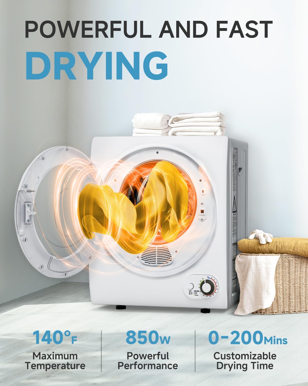 110V Portable Dryer – 850W Compact Clothes Dryer with 4 Automatic Drying Modes, Stainless Steel Tub, Simple Control Knob for Apartments, Dorms & Small Spaces
