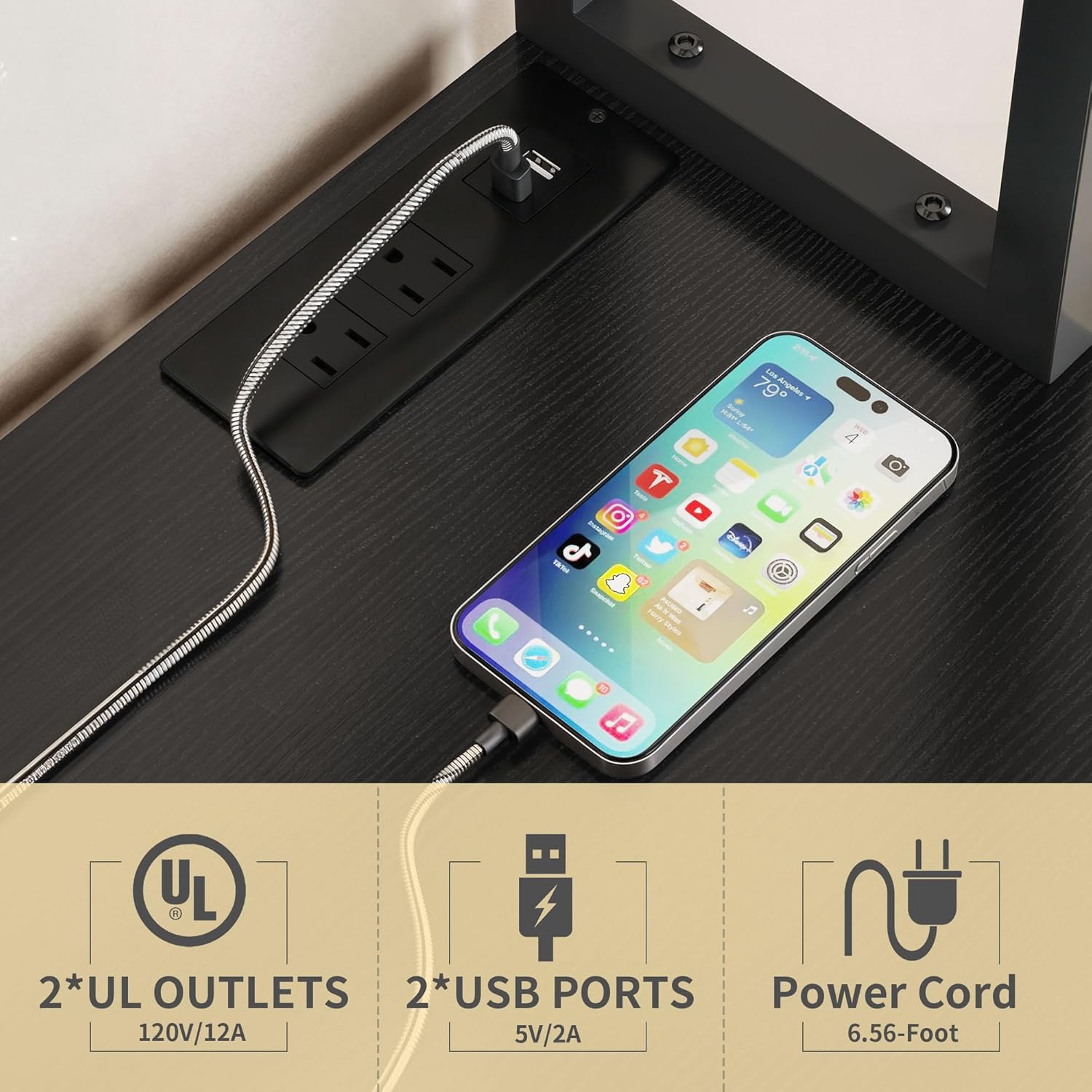 DWVO Black Bakers Rack with Trash Can Bin Cabinet and Power Outlet, Microwave Stand Cabinet with 6 Hooks, 6-Tiers Farmhouse Kitchen Tall Thickened Coffee Bar Table Station with Storage Shelf