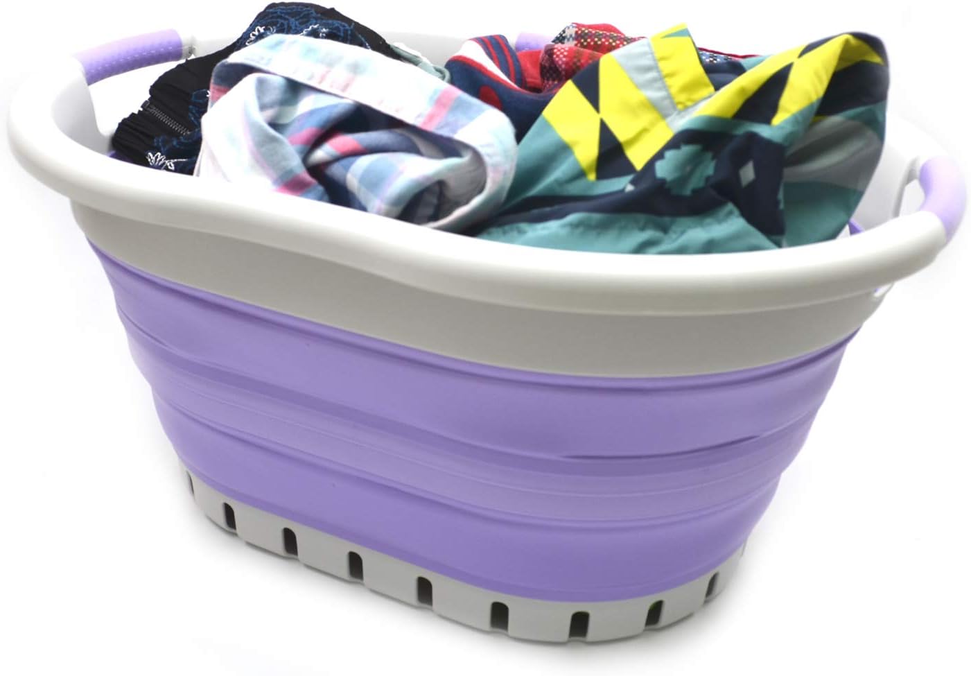 SAMMART 36L (9.5 gallon) Collapsible 3 Handled Plastic Laundry Basket-Foldable Pop Up Storage Container/Organizer-Space Saving Basket (3 handled Oval, Grey/Purple)