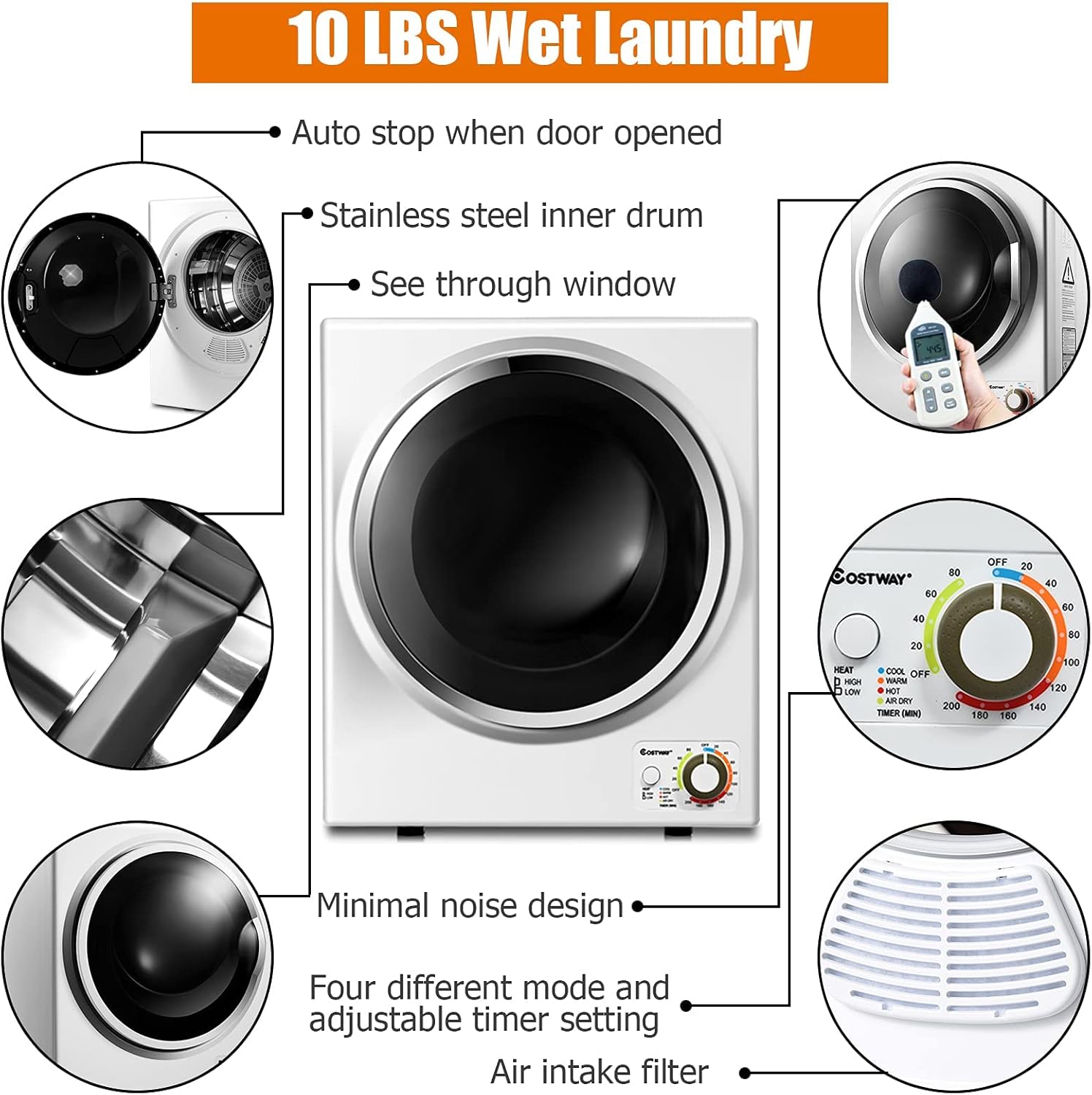 ARLIME Potable Clothes Dryer, 900W Compact Dryer w/4 Automatic Drying Mode, Stainless Steel Drum & Easy Control Panel, Electric Dryer for Apartments, Dorm & RVs 110V, White