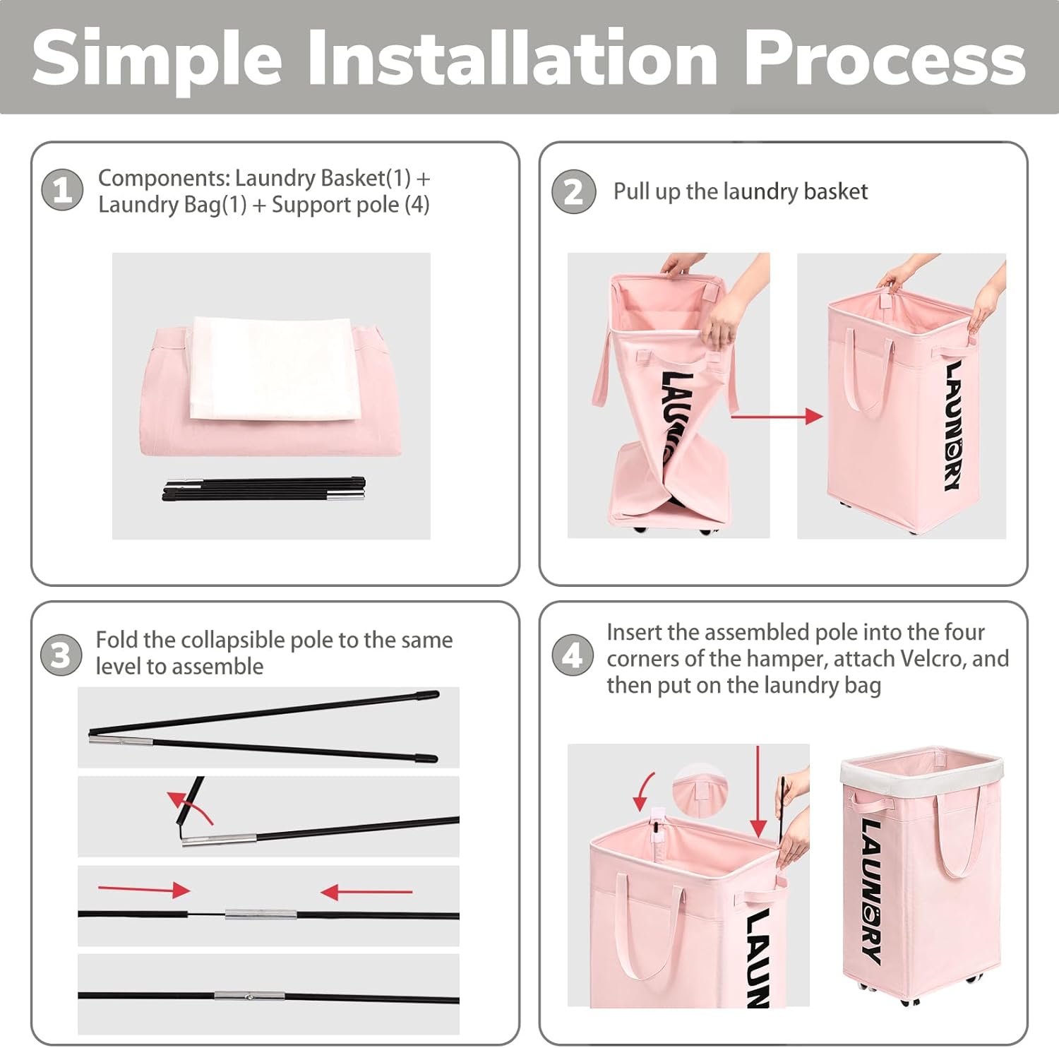 Goodpick Pink Laundry Basket with Wheels, Dorm Room Essentials for Girls, 75L Collapsible Laundry Basket, Laundry Hamper with Handle for College Dorm