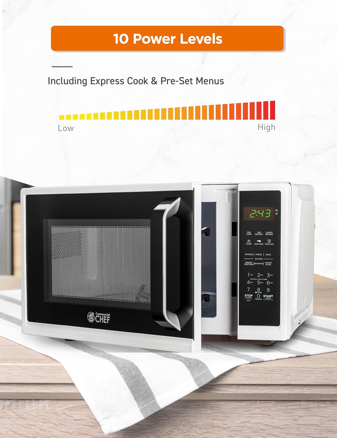 COMMERCIAL CHEF 0.9 Cubic Foot Microwave with 10 Power Levels, Small Microwave with Grip Handle, 900W Countertop Microwave with Digital Display, Door Lock and Kitchen Timer, White