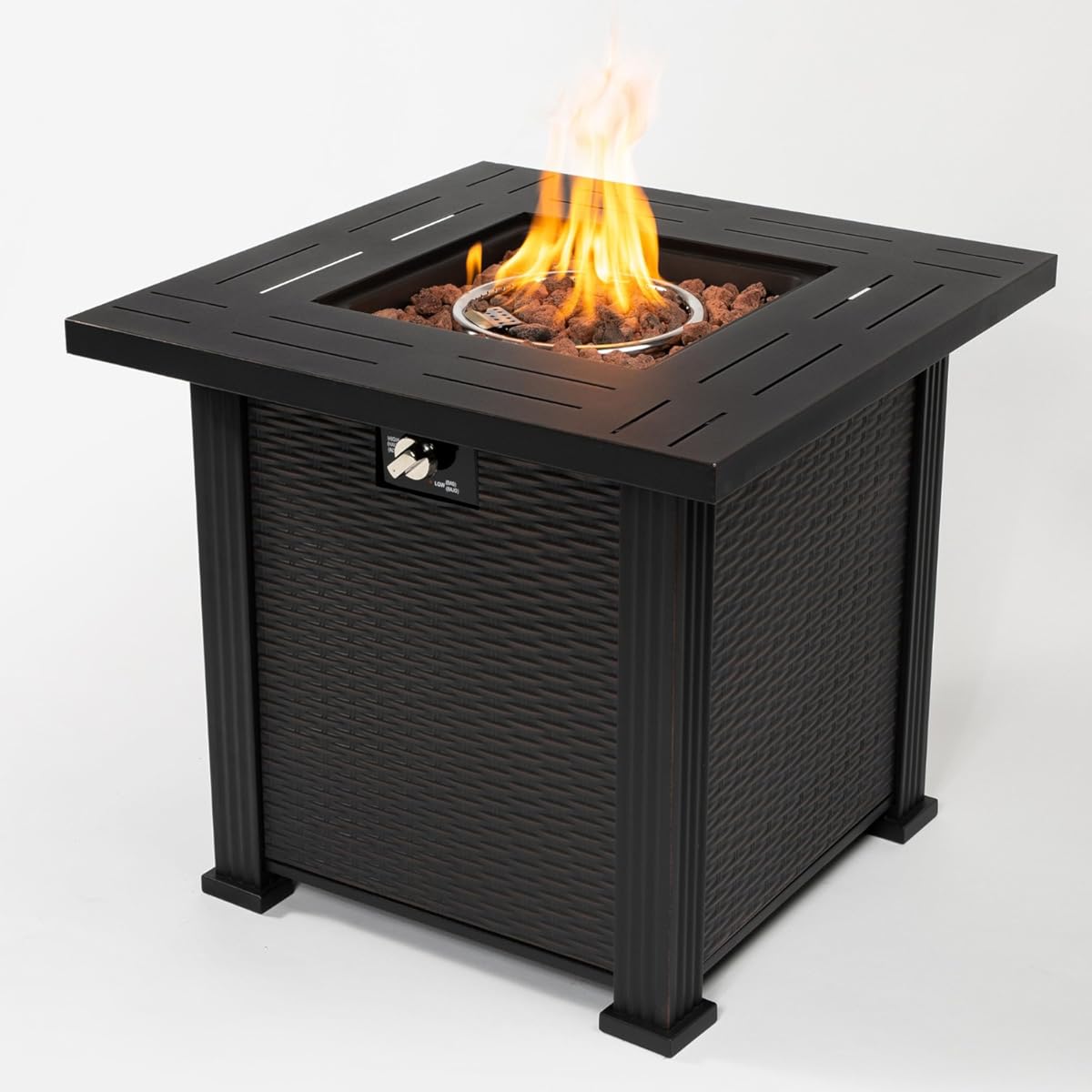 28 Inch Propane Gas Fire Pit Table, 50000 BTU Square Steel Fire Pit with Lid and Lava Rock for Patio, Deck, Garden, Backyard, Black