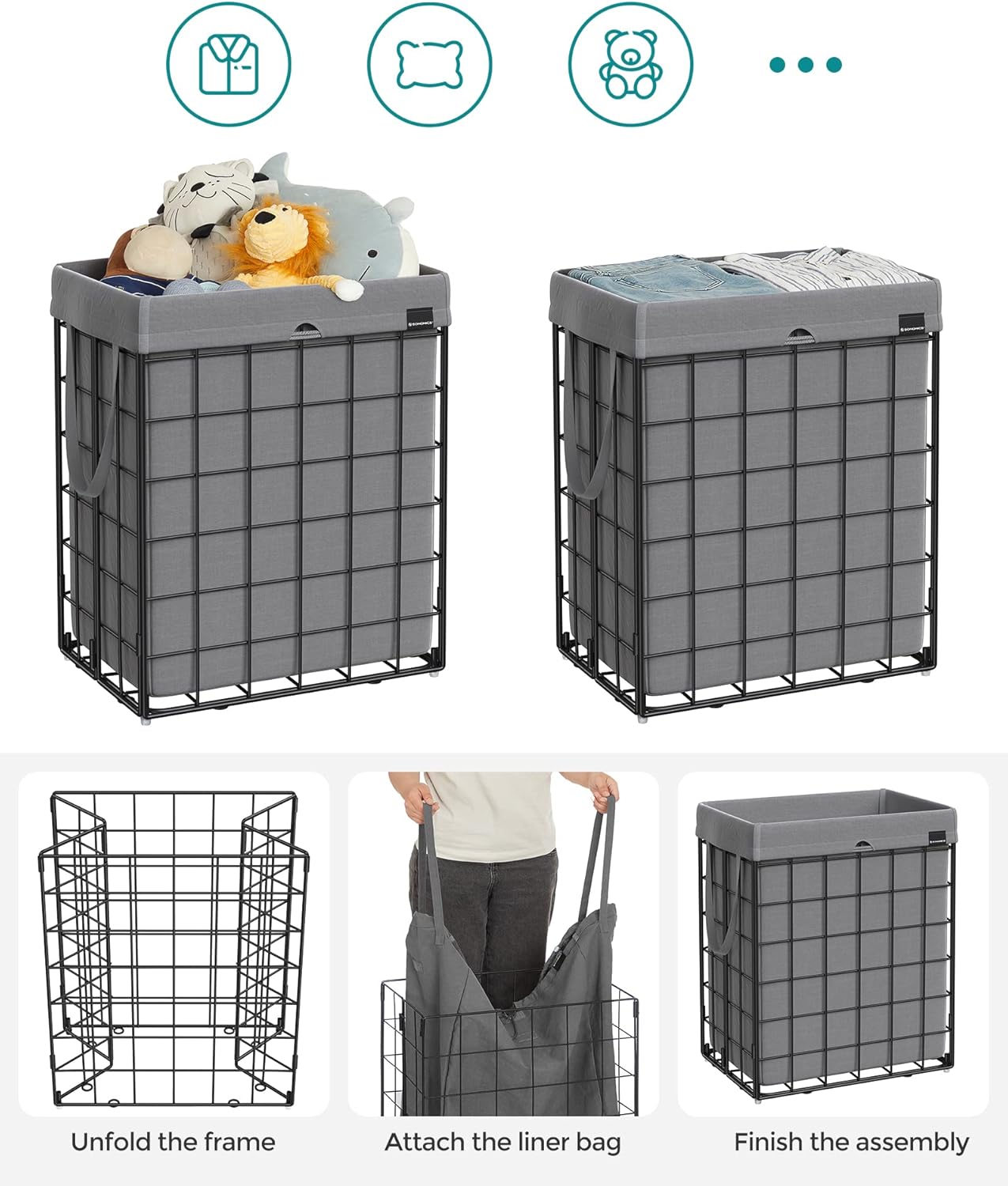 SONGMICS Laundry Hamper, 23.8 Gal. (90L) Laundry Basket, Collapsible Clothes Hamper, Removable and Washable Liner, Metal Wire Frame, for Bedroom Bathroom, Black and Gray ULCB190G01