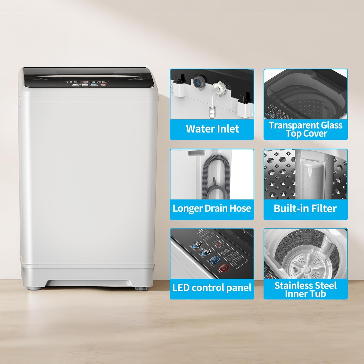 TABU 18lbs Portable Washing Machine, 2.4 Cu Ft Full Automatic Washing Machine with Drain Pump, Automatic Washer and Dryer with 10 Wash Programs & 8 Water Levels for Home, Apartment, RV, White