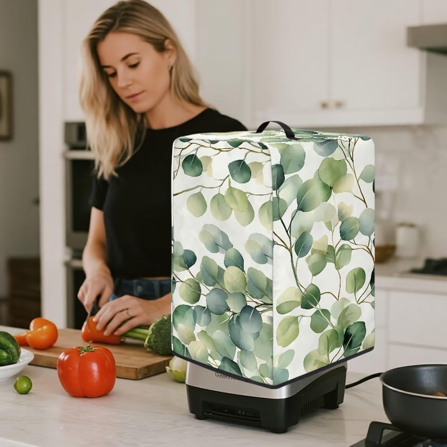 Green Leaves Blender Dust Cover for Kitchen – Stylish Juicer Cover with Floral Prints, Fits Most Blenders & Stand Mixers, Easy to Clean & Foldable, Home Decor