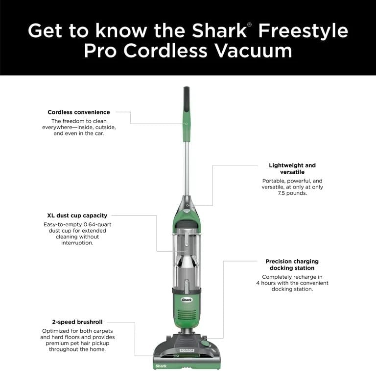 Shark SV1114 Rotator Freestyle Upright Bagless Cordless Stick Vacuum with Precision Charging Dock for Carpet, Hard Floor and Pet with XL Dust Cup and 2-Speed Brushroll, Green/Grey (Renewed)