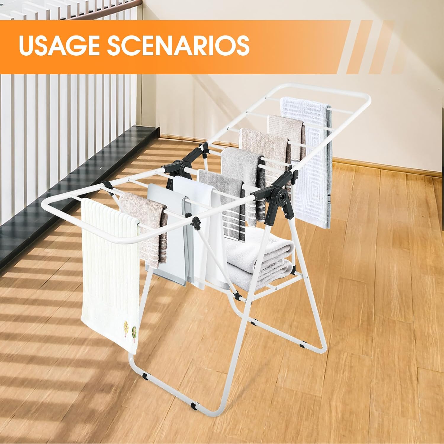 Clothes Drying Rack, Metal Foldable Laundry Drying Rack, with Adjustable Height Levels Wings, Space Saving, Indoor Outdoor Use, White Free-Standing Airer