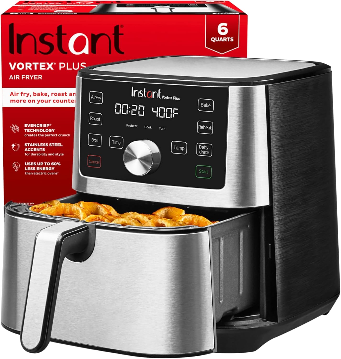 Instant Pot 6QT VORTEX Plus Air Fryer, 6-in-1, Air Fry, Broil, Dehydrate, Crisp, Roast, Reheat, Bake, Dishwasher-Safe Airfryer basket, from the Makers of Instant Pot, Stainless Steel