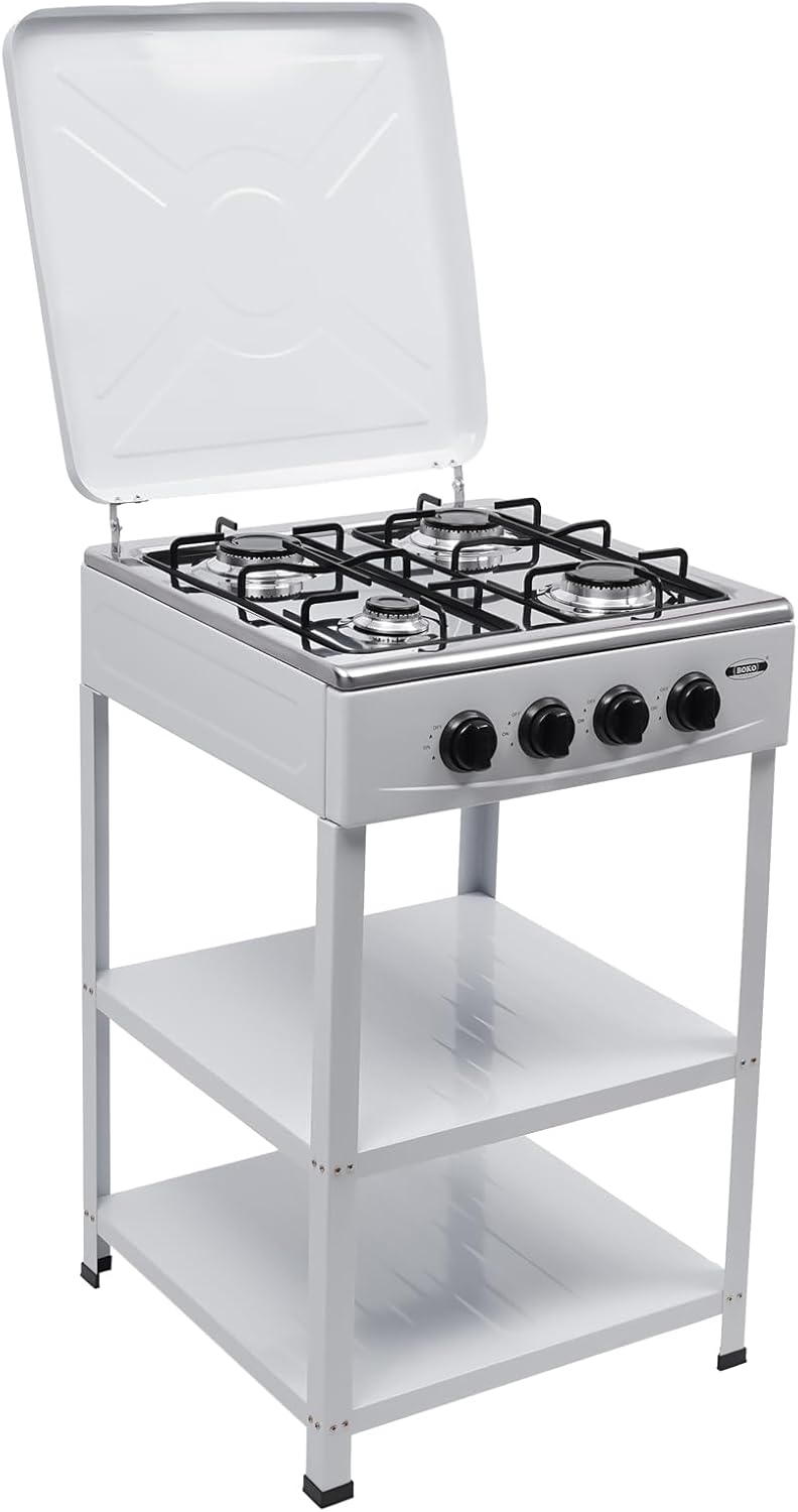 4 Burner Gas Stove Portable Stove,Propane Grills with 2 Tier Storage Rack Propane BBQ Grill with 4 Control Knobs Outdoor Gas Powered Stove for RV, Apartment, Outside Cooking（White）