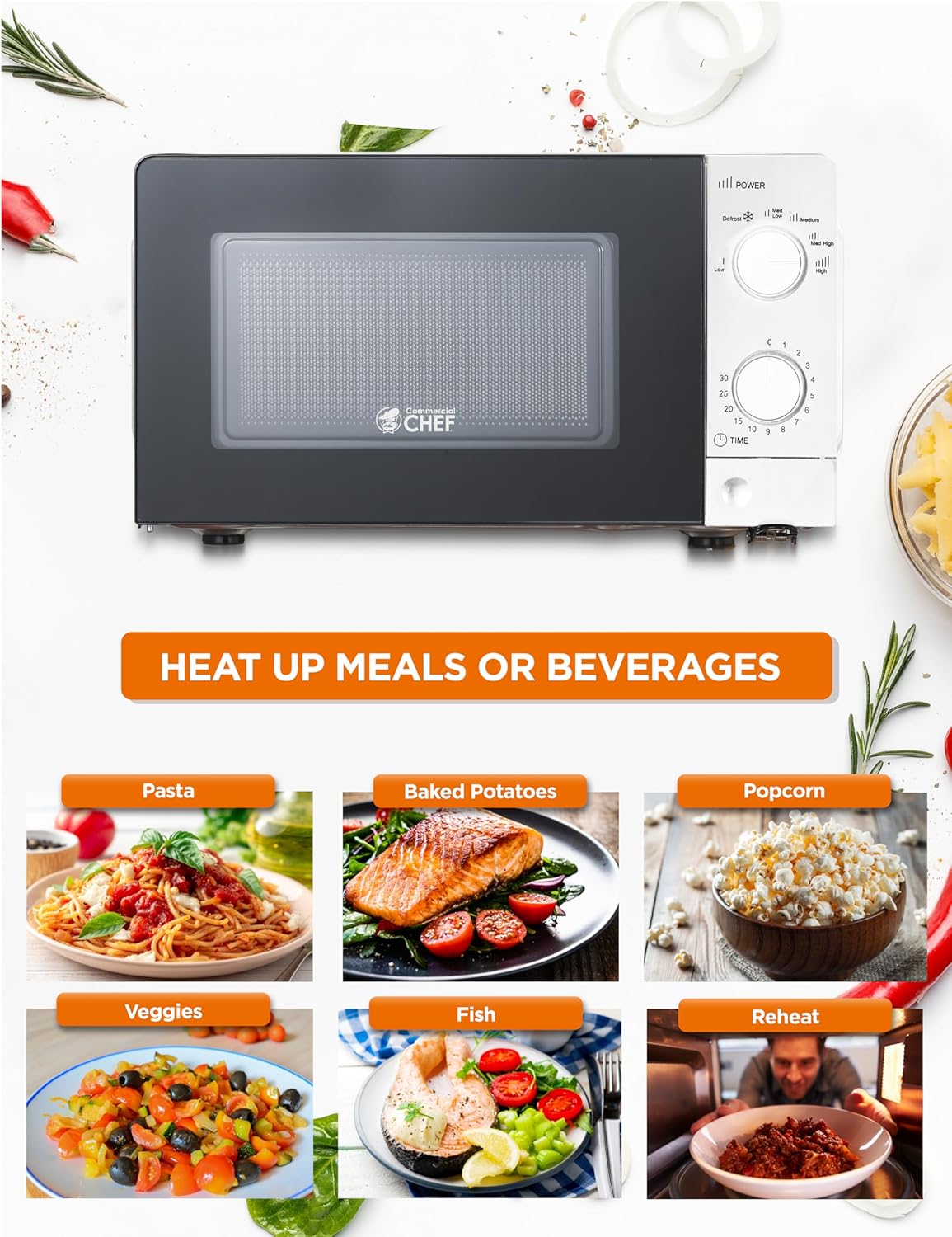 Commercial Chef 0.6 Cu. Ft. Countertop Microwave Oven, Mechanical Dial Controls, 700W, Pull Handle Door, 6 Power Levels, CHM660W, White