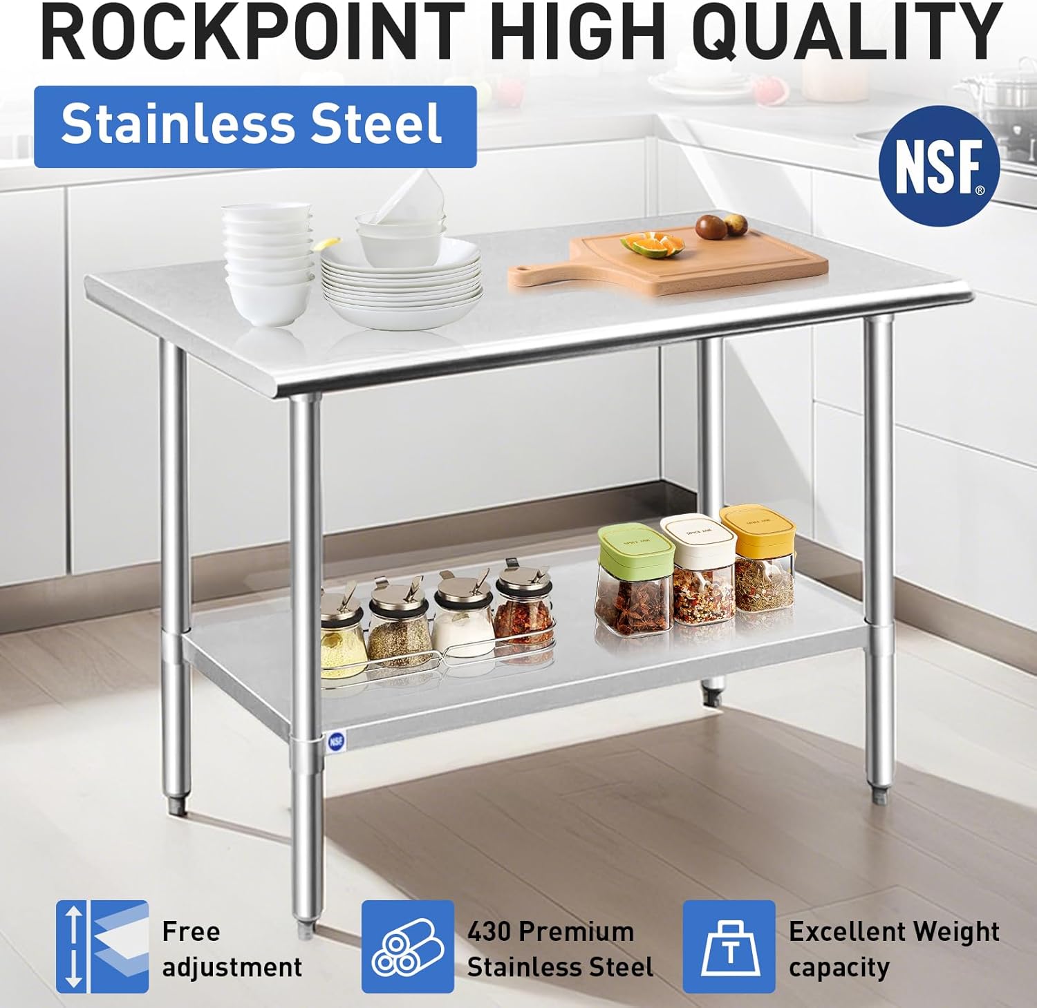 ROCKPOINT Stainless Steel Table for Prep & Work 24x48 Inches, NSF Metal Commercial Kitchen Heavy Duty Table with Adjustable Under Shelf and Table Foot for Restaurant, Home and Hotel