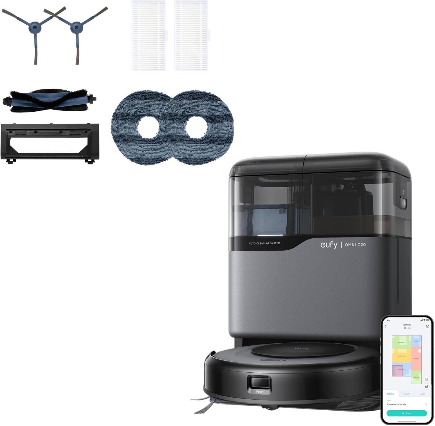 eufy Robot Vacuum Omni C20 with All-in-One Station,3.35-Inch Ultra-Slim Body Accessory Kit for Omni C20, 2 Side Brushes, 2 Washable Filters, 1 Rolling Brush, 1 Brush Guard, 2 Mops