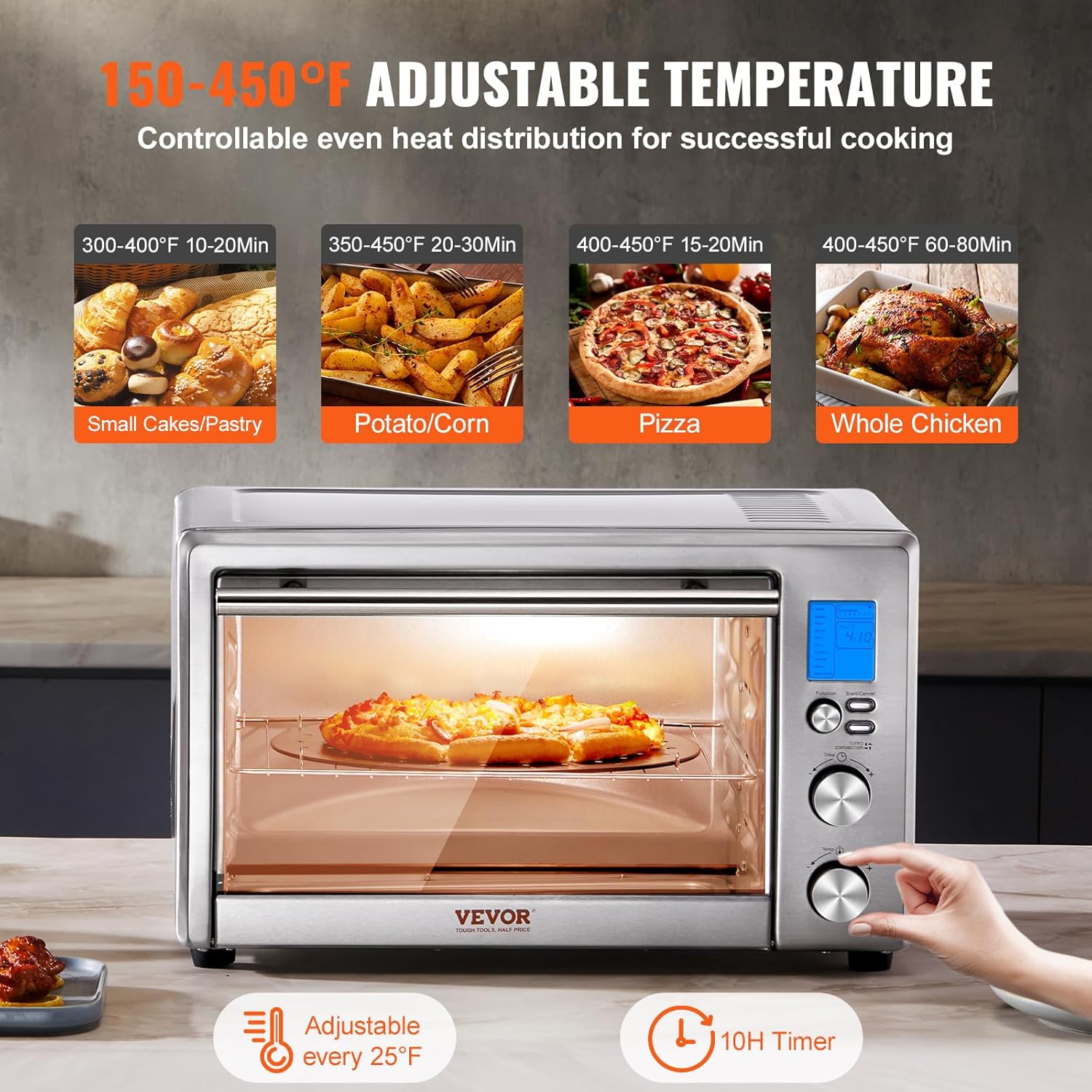 VEVOR Convection Toaster Oven, 28L/29.6Qt Large 10-IN-1 Multifunctional Convention Oven Countertop, 150F-450F Adjustable Compact Smart Oven with Trays Wire Racks Gloves, for Home Kitchen RVs etc