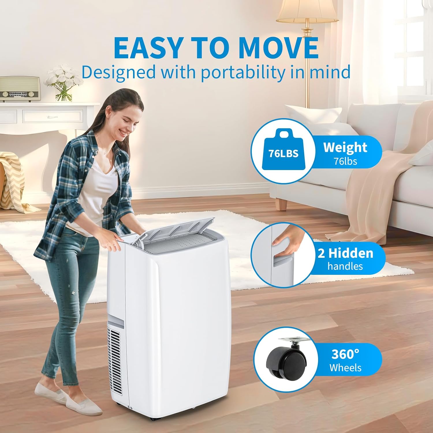 14K BTU Portable Air Conditioners, Cools up to 750 Sq. Ft 3-in-1 Movable AC for Room with Dehumidifier Fan Sleep Mode, 24H Timer, Remote Control, and Window Installation Kit Included