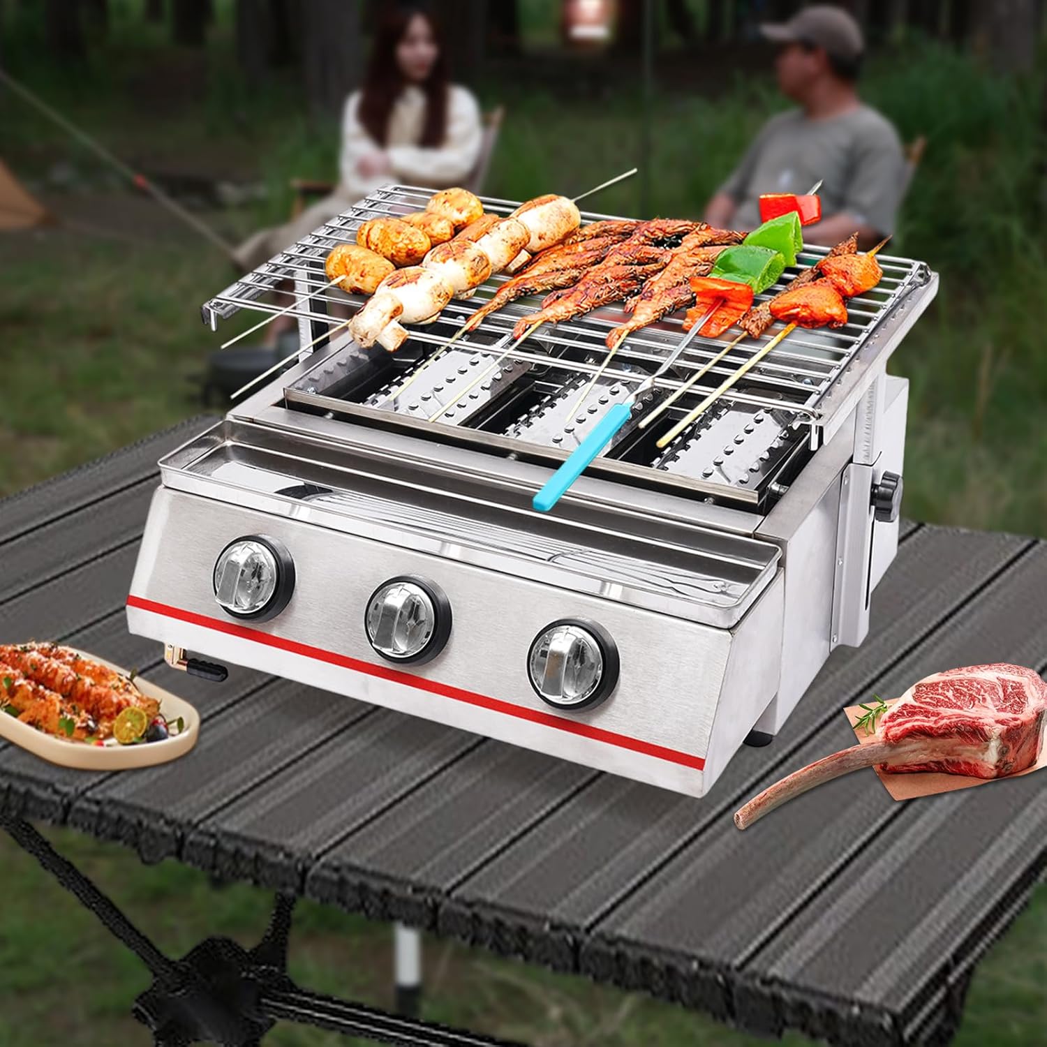 3 Burners Portable Gas Grill with Griddle Independent Ignition Propane Gril, Outdoor Camping Tabletop Smokeless Stainless Steel Grill,Propane LPG Grill for Outdoor Camping Picnic, Kitchen, BBQ