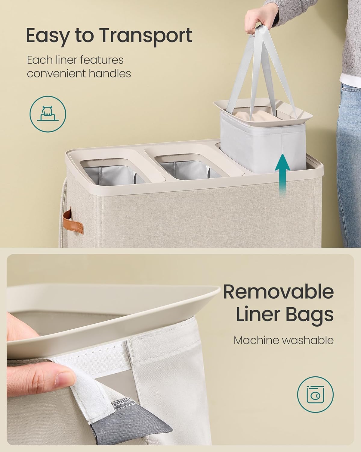 SONGMICS Laundry Basket, 50.2 Gal. Laundry Hamper, 3 Compartments, Easy Assembly, with Lid and Handles, Removable Liners, 25.2 x 15.7 x 29.5 Inches, Cappuccino Beige ULCB814LH01