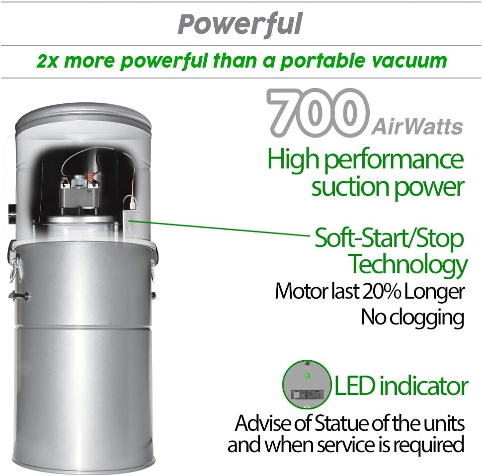OVO Unit Heavy Duty Powerful Central Vacuum System, Hybrid Filtration (with or Without Disposable Bags) 35L or 9.25Gal, 700 Air watts with 35ft Premium Deluxe Plus Accessory kit Included