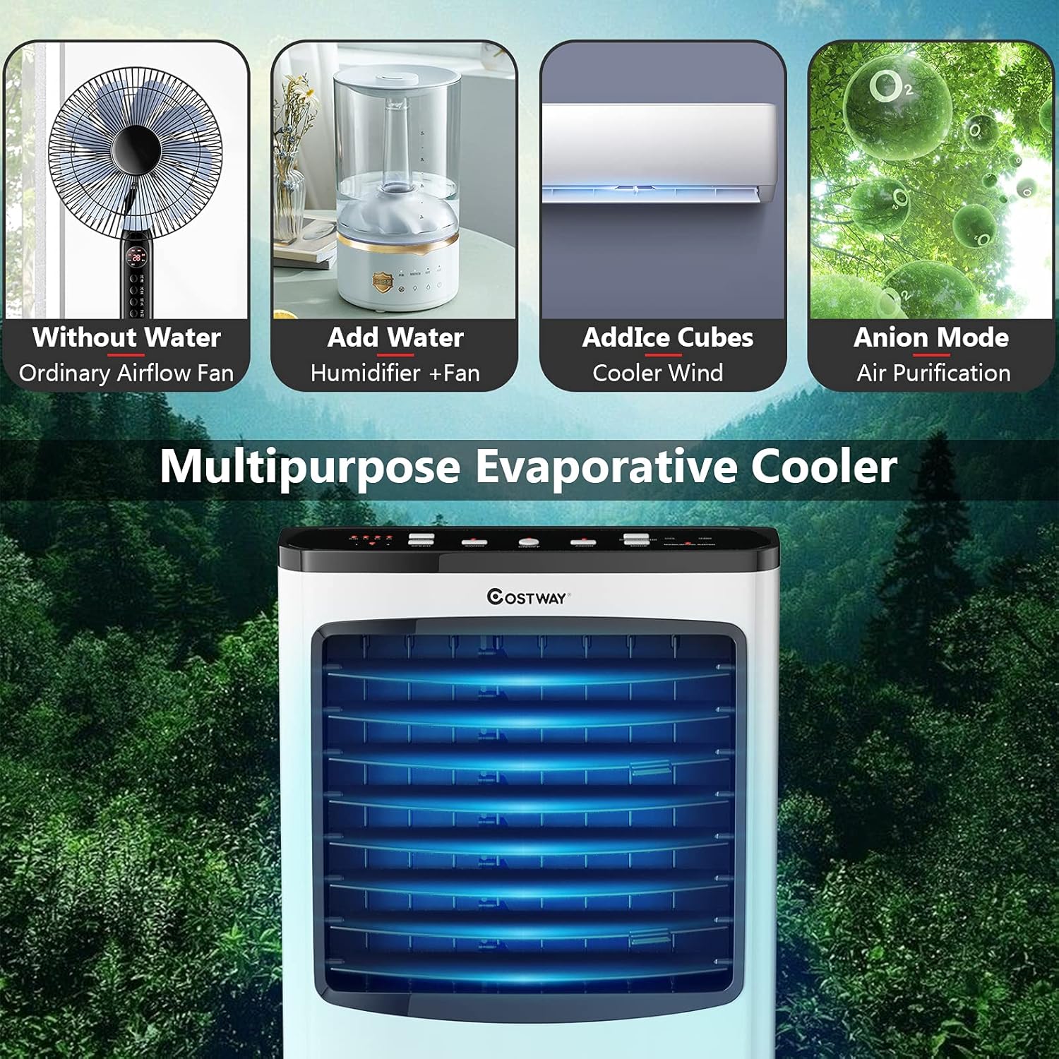 Rolling Evaporative Air Cooler, 3-in-1 Air Conditioner w/Fan & Humidifier, Portable Bladeless Quiet Electric Fan with Remote Control & Casters, 2 Ice Box & 8 Liter Water Tank for Home/Office