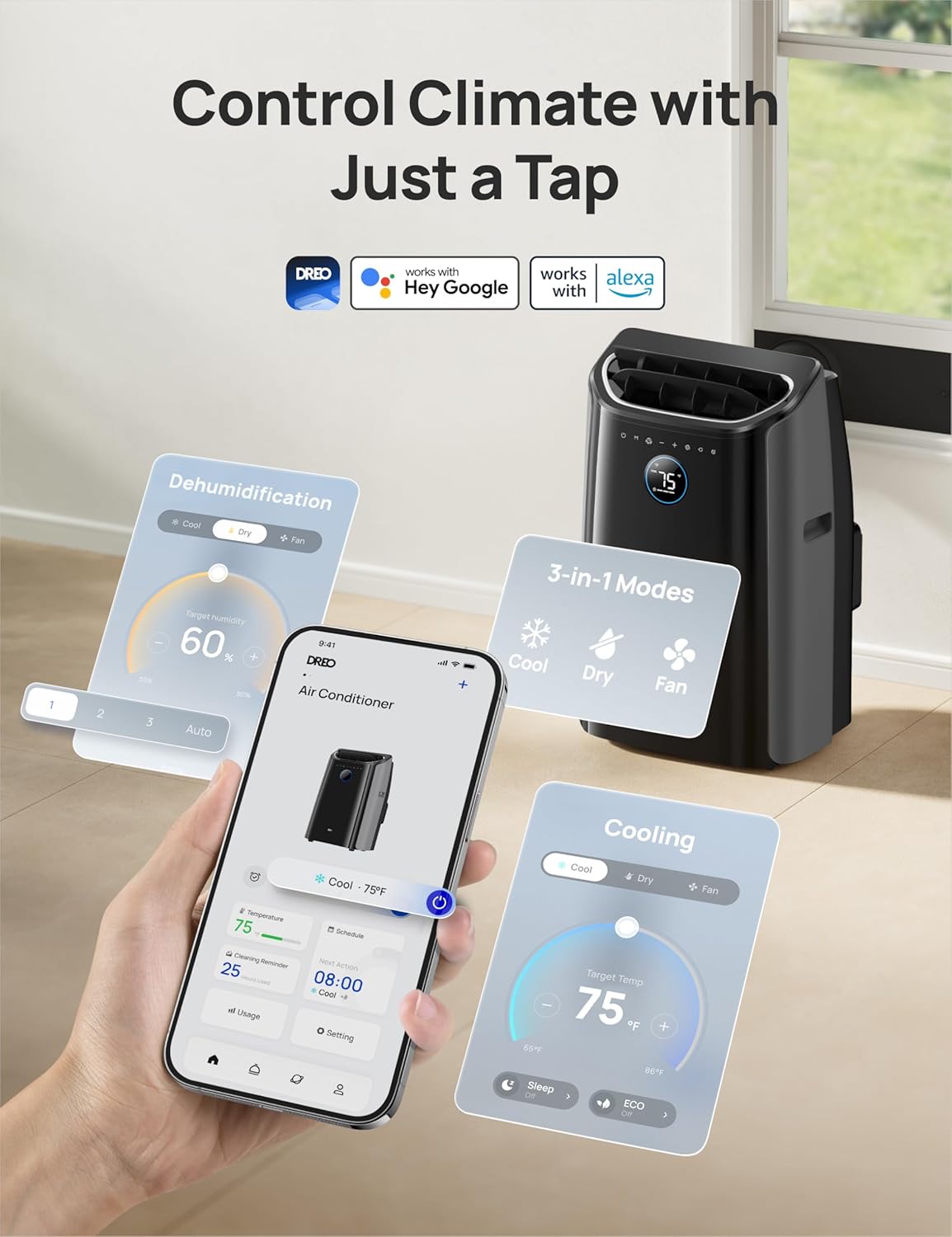 Dreo Portable Air Conditioners, 8000 BTU (DOE) AC Unit for Bedroom with Drainage-free Cooling, 3-in-1 with Fan & Dehumidifier, Touch/APP/Voice/Remote, 24h Timer, Smart Floor AC for Room Indoors