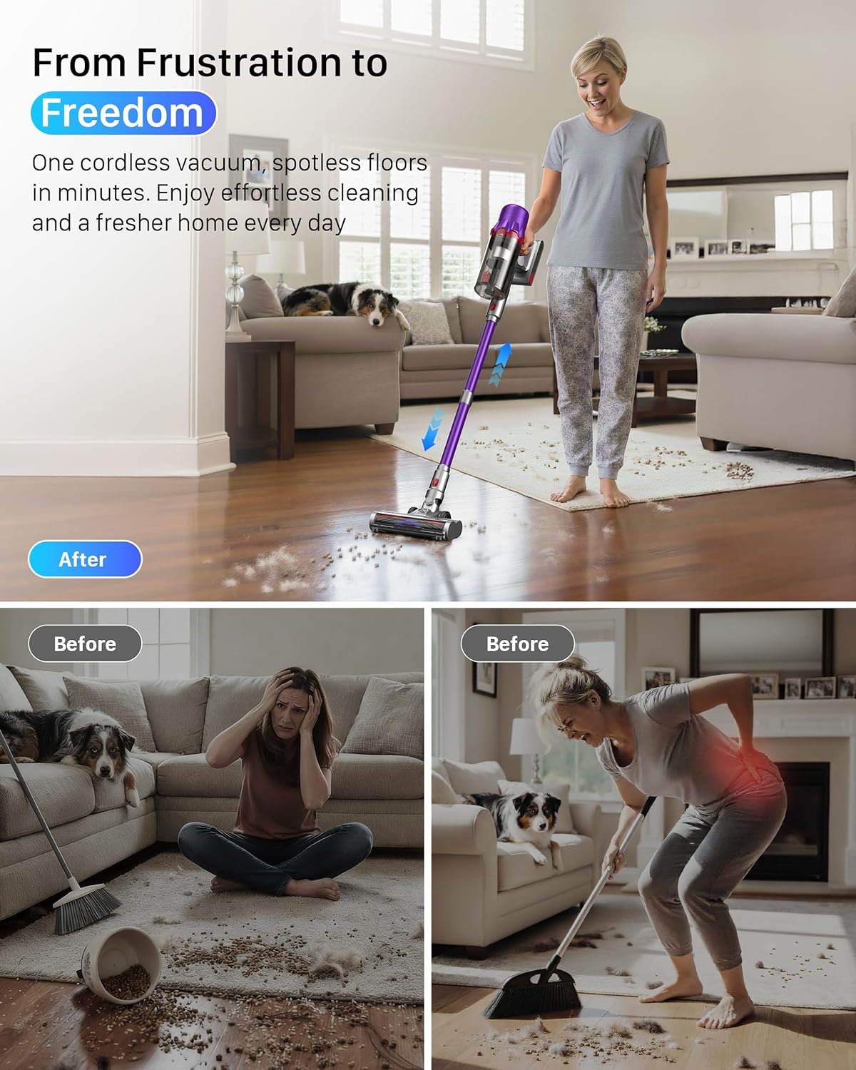 Cordless Vacuum Cleaner - Powerful Stick Vacuum with HEPA Filter, 55-Min Runtime, LED Light, Anti-Tangle Brush, Detachable Battery, Lightweight for Home, Pet Hair, Carpets & Hard Floors