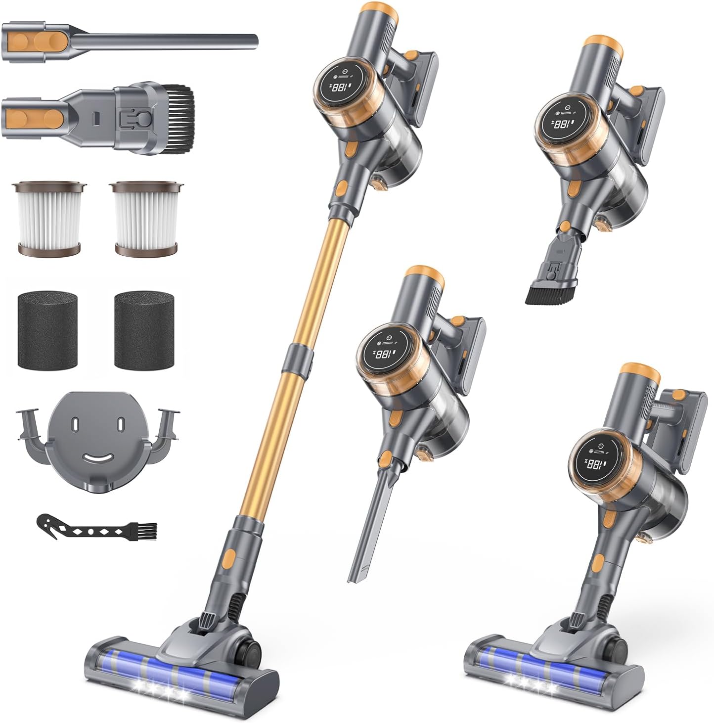 Cordless Vacuum Cleaner, 30Kpa Vacuum Cleaners for Home, Stick Vacuum with LED Display, 2 Roller Brushes for Anti-Tangle & Hard Floor, 6 in 1 Lightweight Vacuum for Hard Floors Carpet Pet Hair