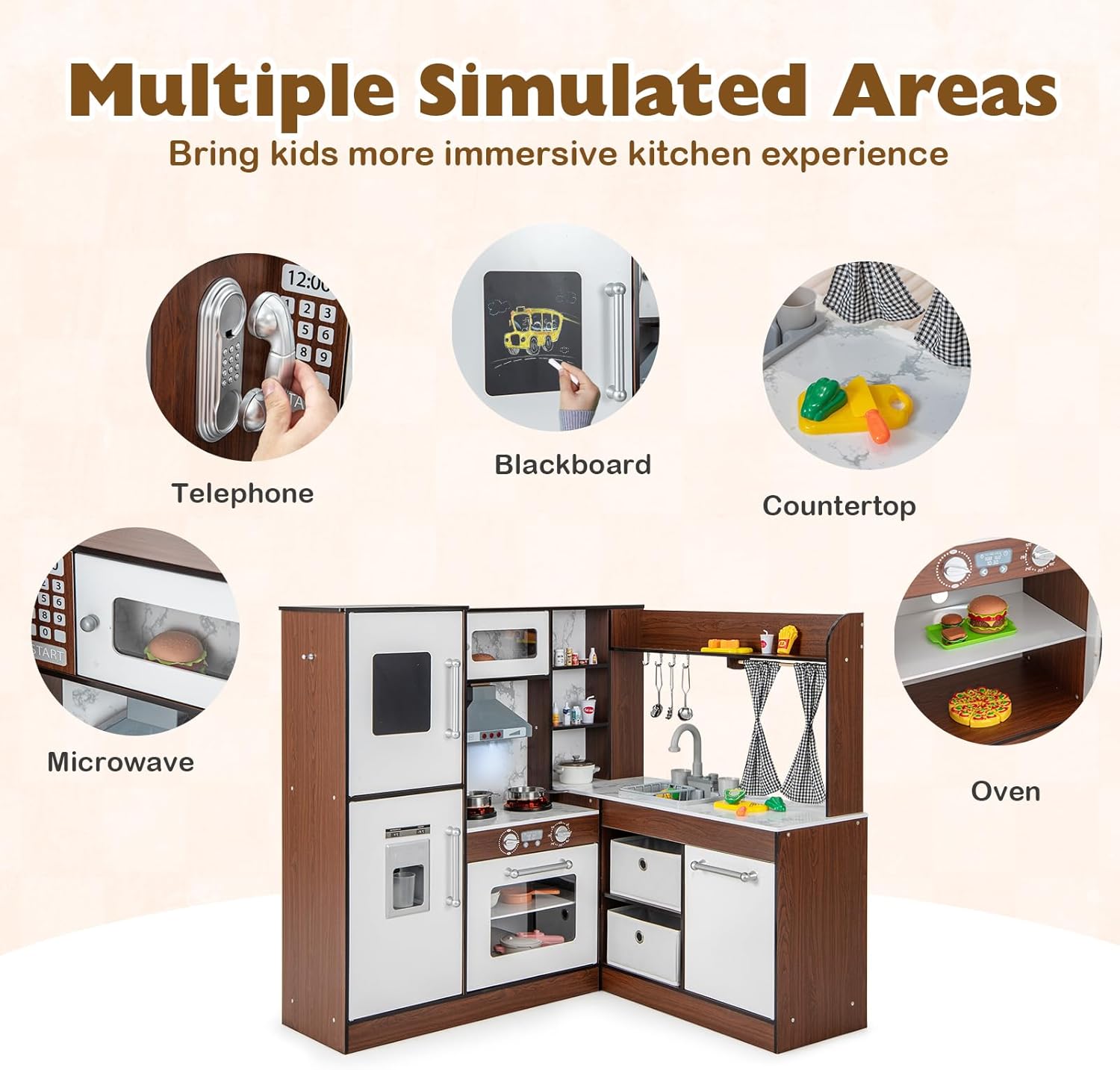 Costzon Kids Kitchen Playset, Toddler Pretend Toy Cooking Set w/Real Lights & Sounds, Sink & Faucet, Ice Maker, Microwave, Oven, 18 Cooking Accessories, Corner Play Kitchen for Kids Ages 3+ (Coffee)