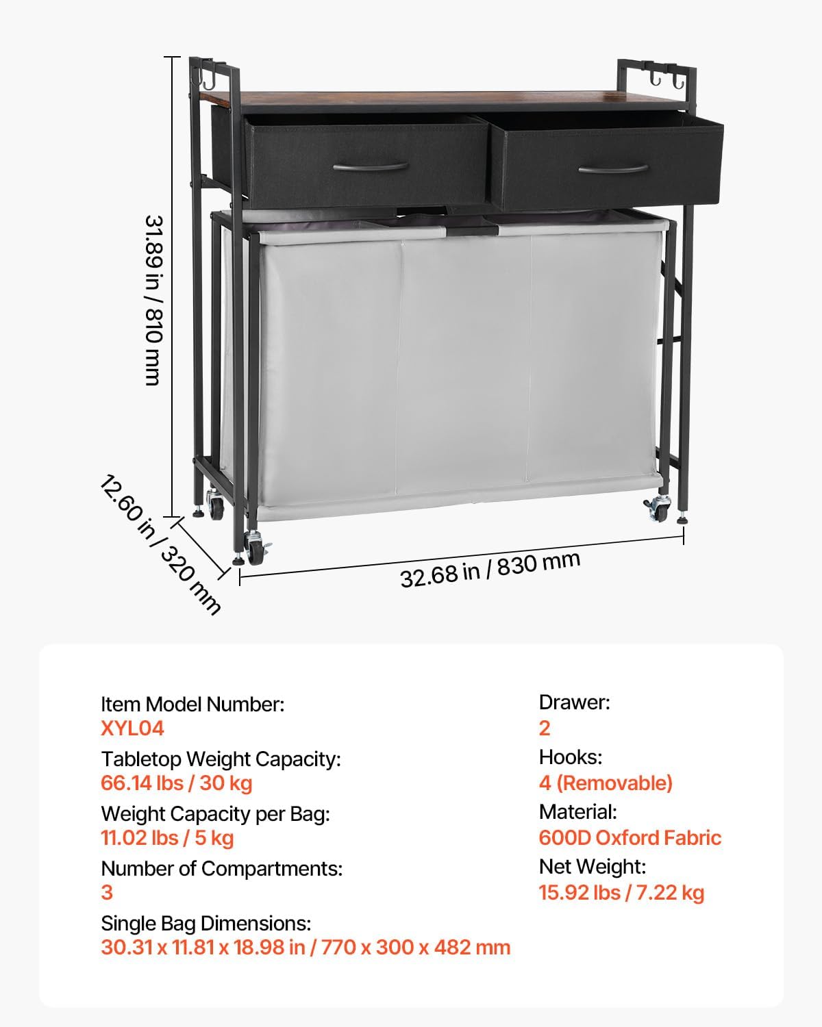 VEVOR 3 Section Laundry Sorter, Rolling Laundry Hamper with 2 Drawers, Hooks & Wheels, Rolling Basket Organizer Storage with Pull-Out Rolling Bags and Wooden Tabletop for Dirty Clothes, Bathroom