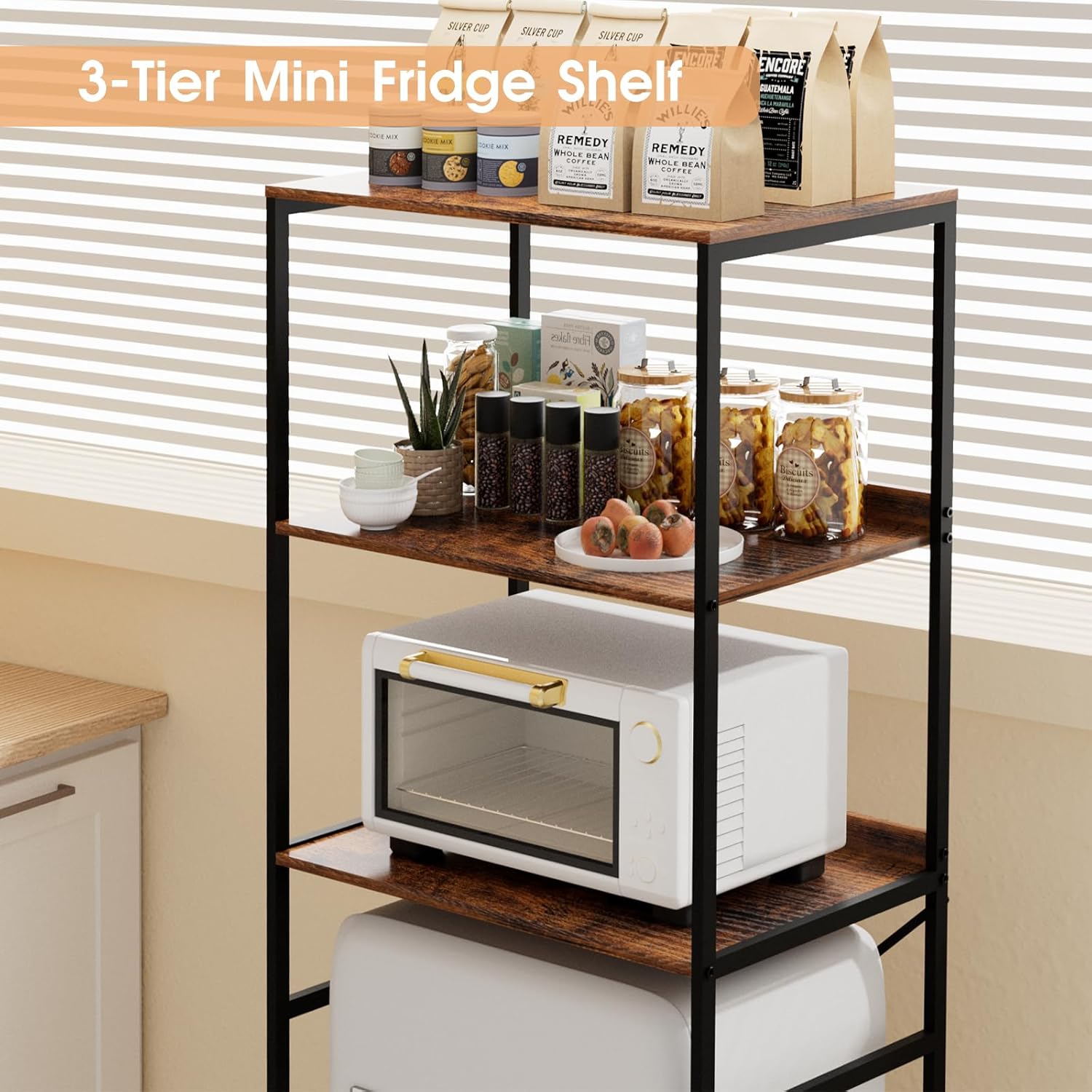 Mini Fridge Shelf Mini Fridge and Microwave Stand Over Mini Fridge Storage Rack 3 Tier Microwave and Fridge Stand Suitable for Dorm, Kitchens, Offices, Brown