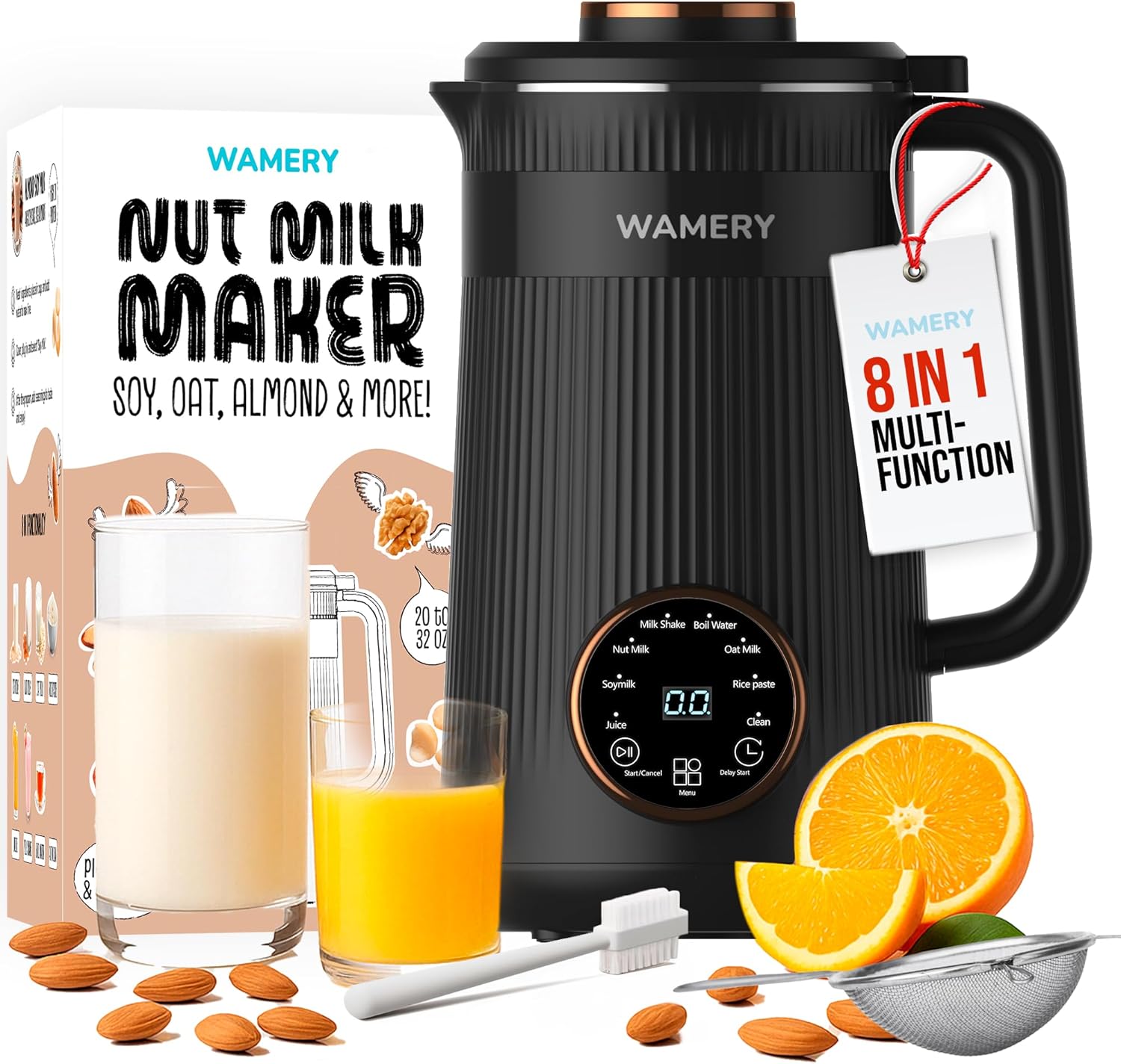 Wamery 32oz Nut Milk Maker Machine (Black) - Soy Milk Maker for Almond & Oat, Automatic Heated Programs, Self‑Cleaning, Delay Start, Keep Warm & Boil Water, 1‑Liter Capacity with Starter Accessories