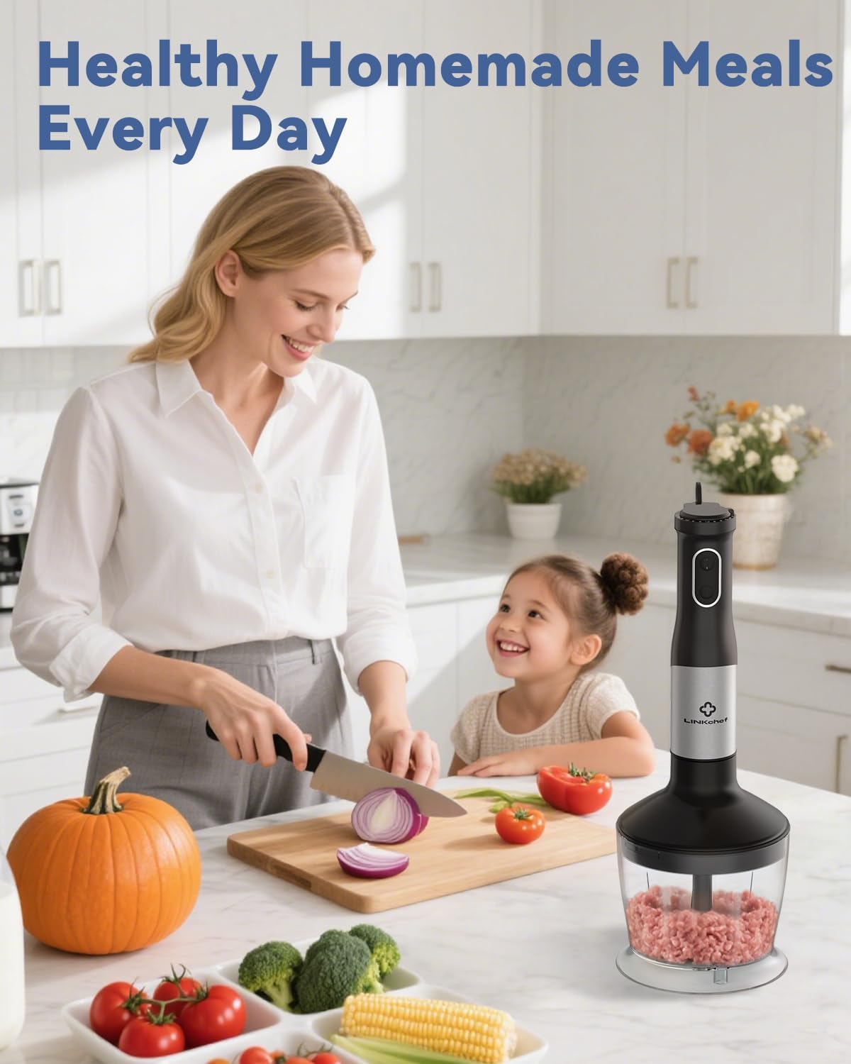 LINKChef 7 in 1 Immersion Blender Scratch Resistant, 2 Titanium Steel Blades 800W Hand Blender, 20 Speed and Turbo Mode Stick Blender Immersion with Whisk, Milk Frother, Food Processor, Beaker