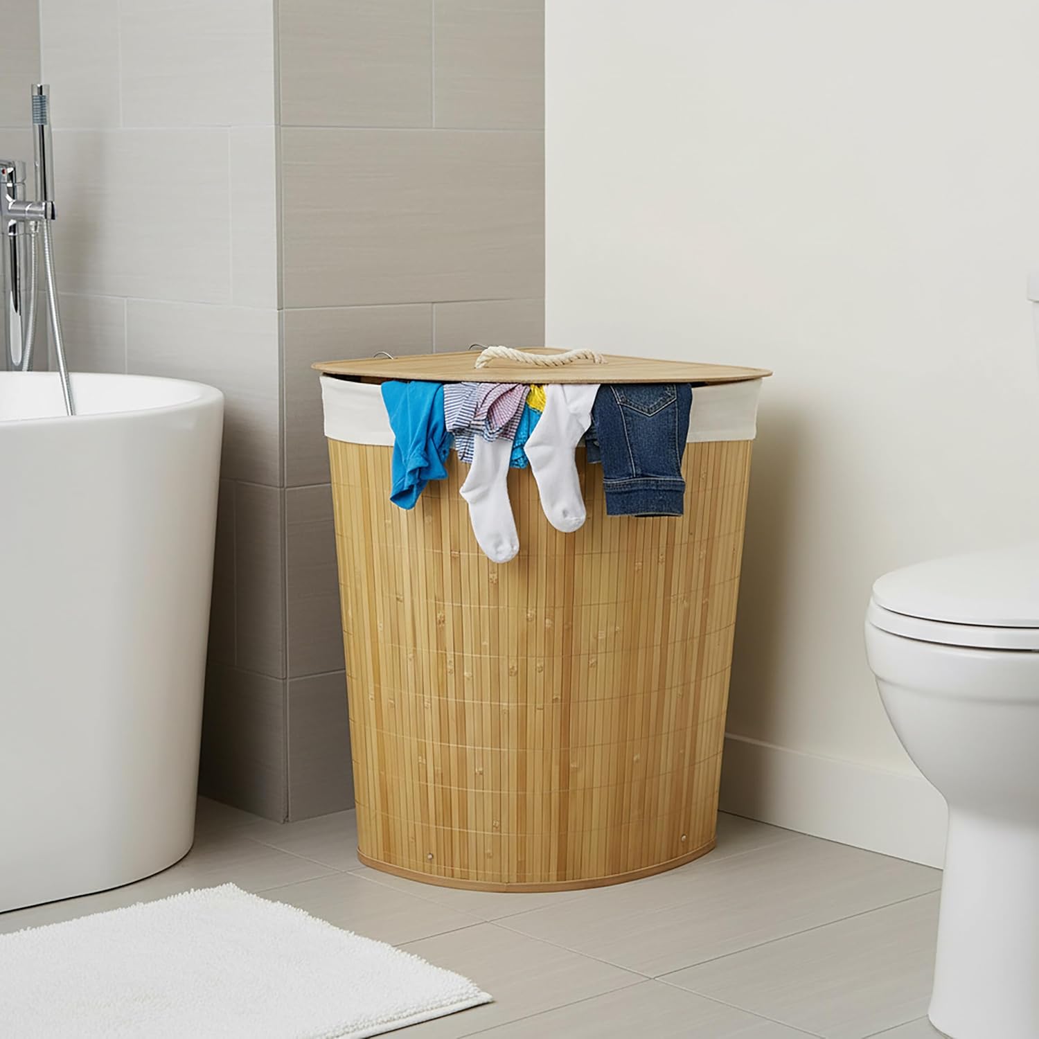 Relaxdays Corner Laundry Basket with Lid, Bamboo, 80 L, Foldable Laundry Hamper, H x W x D: 60 x 36 x 36 cm, Laundry Basket Corner, Natural