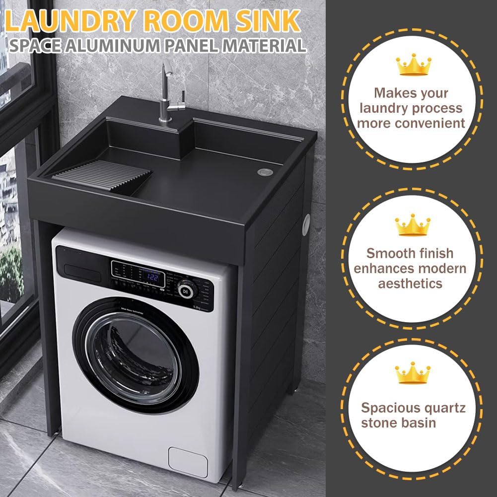 2-in-1 Washing Machine Cabinet, Sturdy Vertical Washing Machine Stand, Balcony Washing Machine Cabinet with Sink, Space-Saving Washing Machine Cabinet for Room Storage,70x65cm