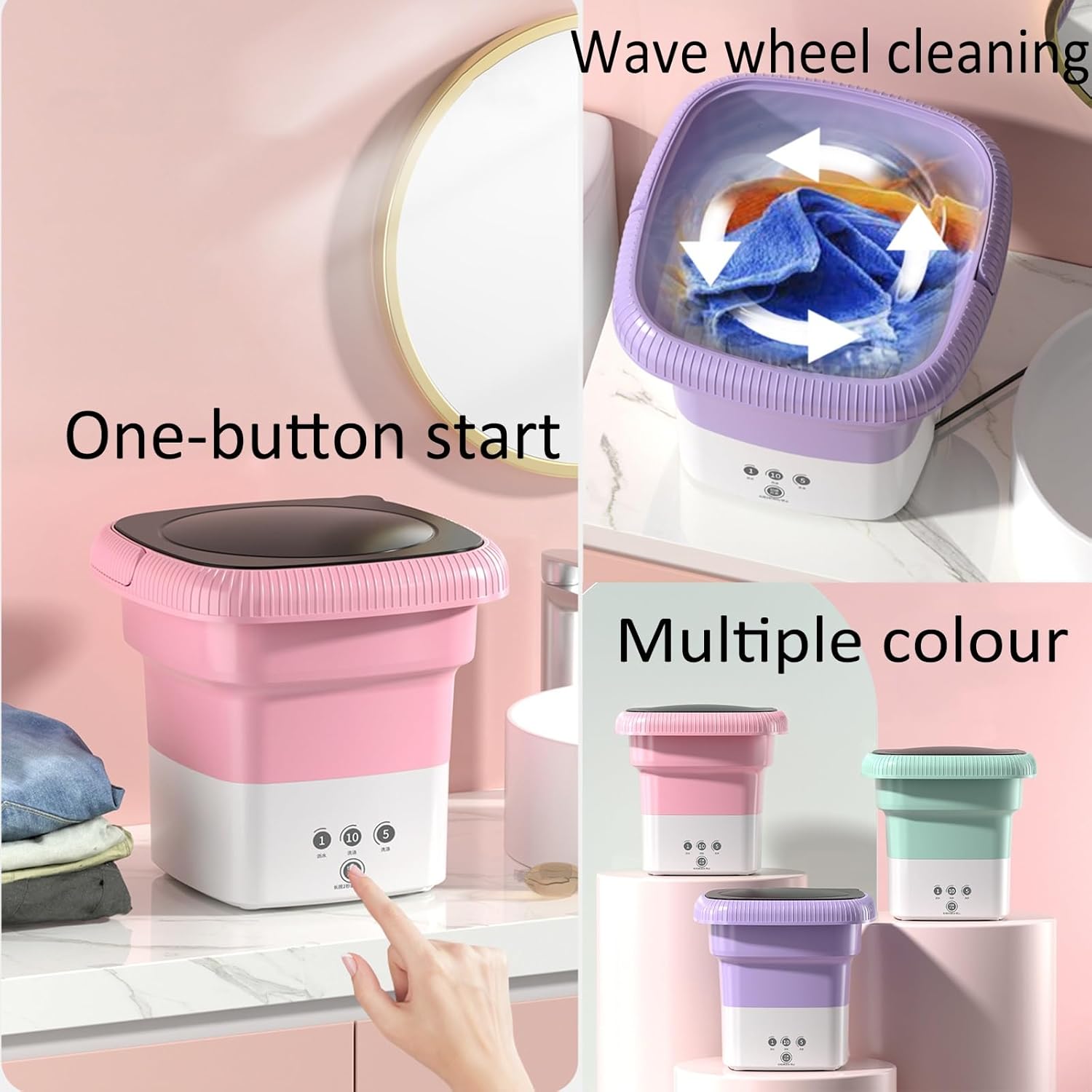 Portable Washing Machine, Mini Washing Machine, Folding Top Load Washer with Spin-Dry, Pink, High Efficiency, Perfect for Camping, Travelling
