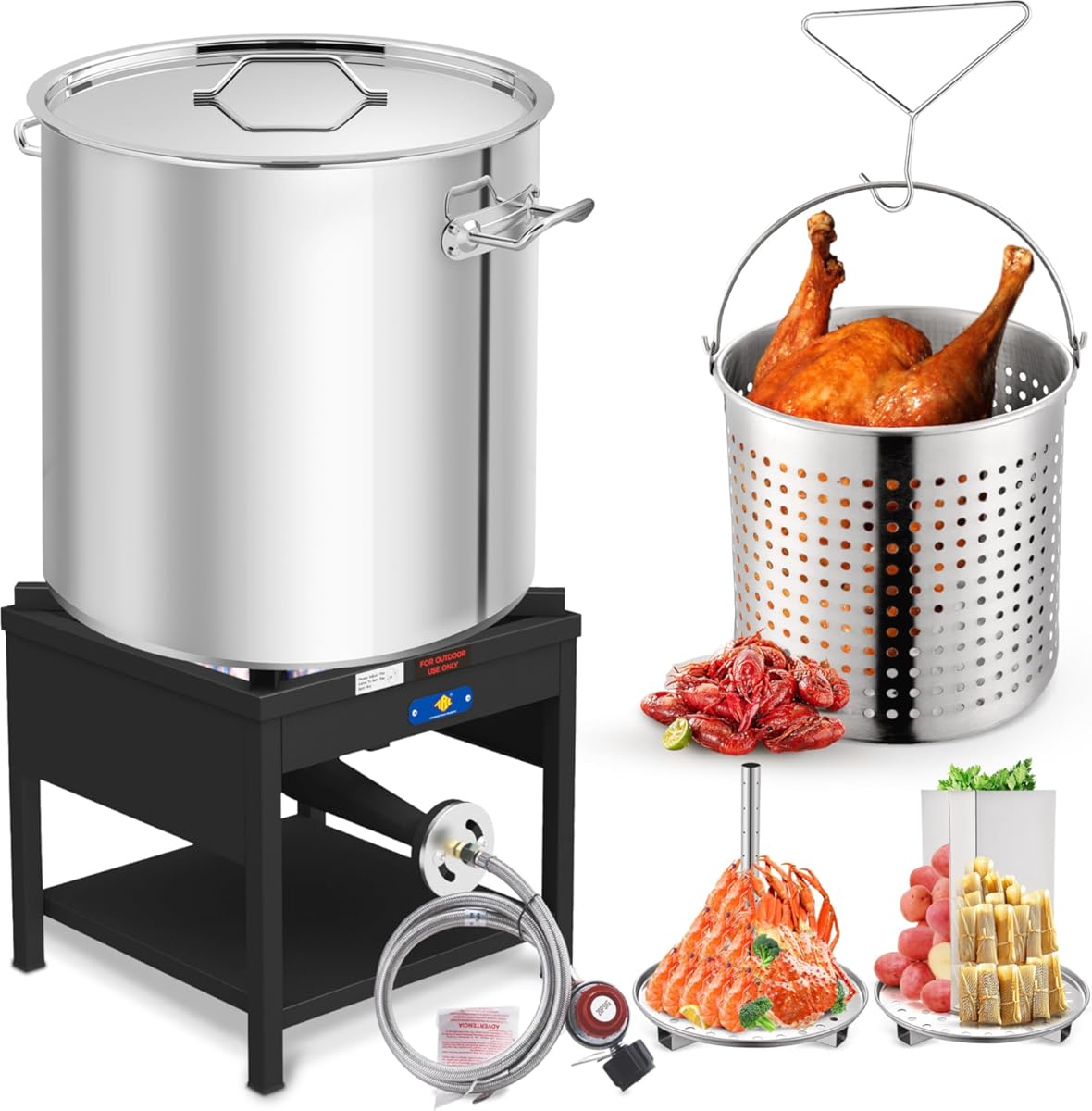 ARC 100QT Seafood Boiling Kit, 200,000BTU Propane Burner And Stainless Steel Crawfish Boil Pot w/Basket and Steamer Rack, For Outdoors Cooking and Steaming, Large Turkey Fryer Pot, Lobster Shrimp Pot