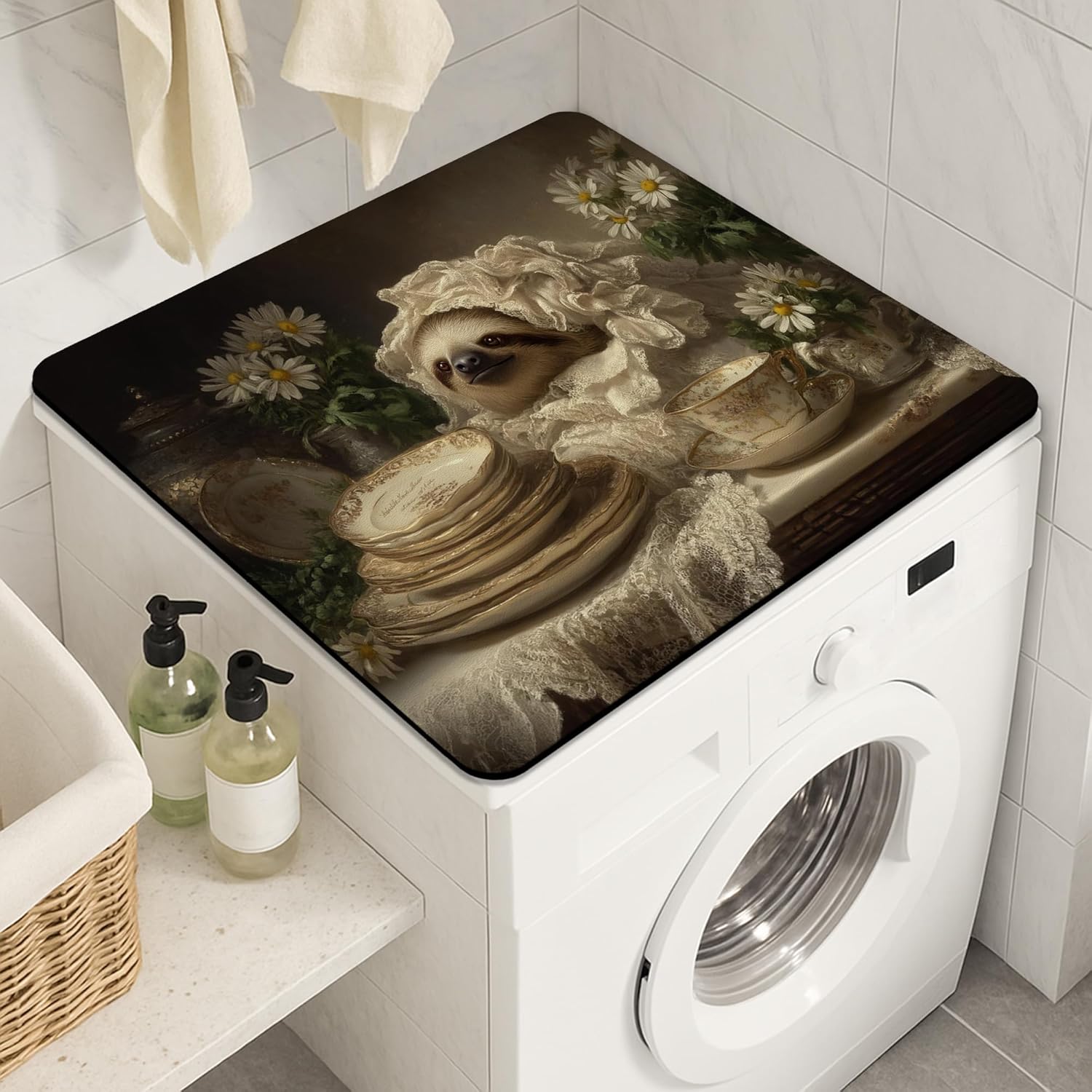 Quaint Sloth Washer Dryer Top Protector Mat, Vintage Floral Laundry Machine Dust Covers, Spring Aurora Rubber Anti-slip Waterproof Washer And Dryer Mats for Laundry Room 24x24 Inch