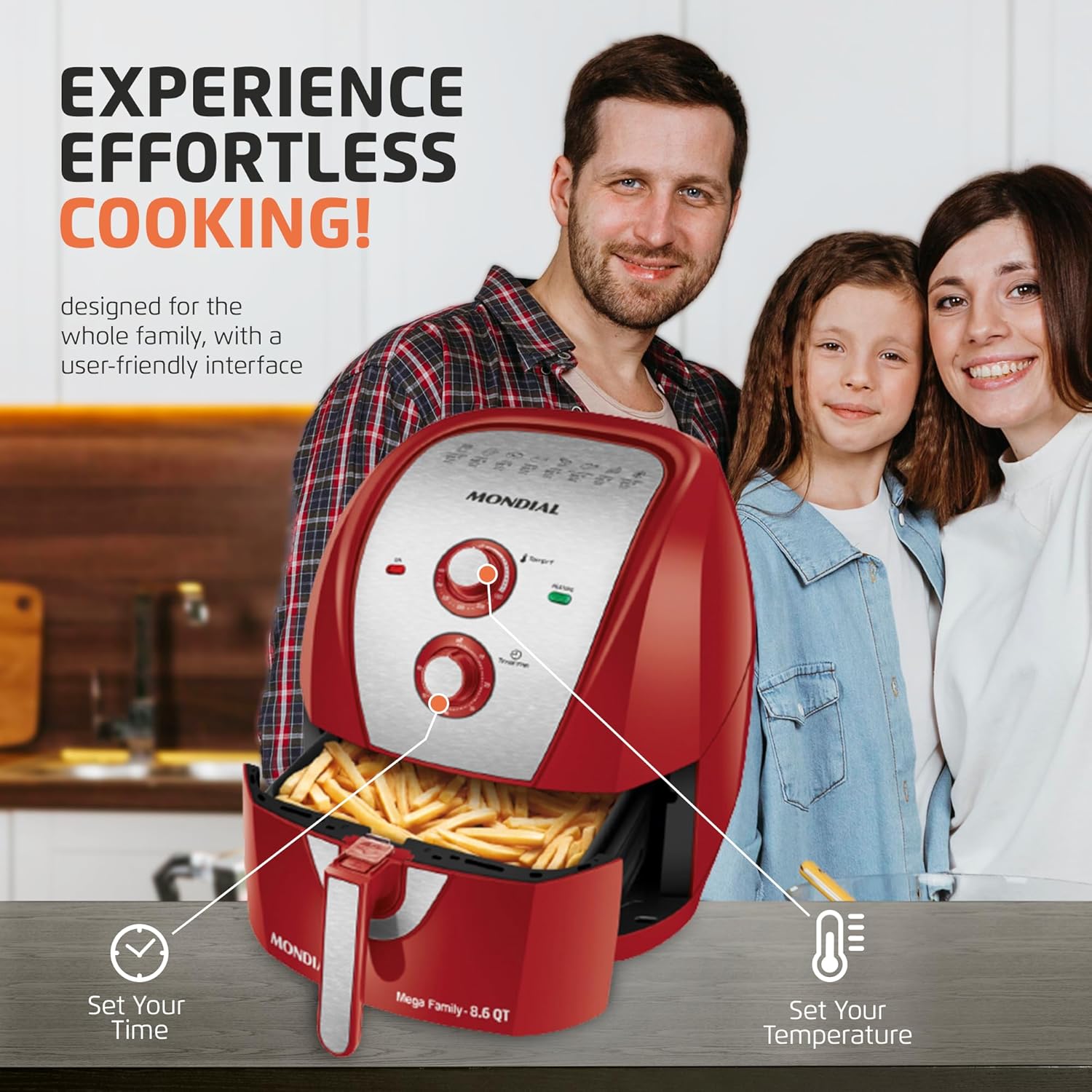 MONDIAL Air Fryer - 8.6 Quart Extra-Large Air Fryer, 2 Simple Dial Controls, 1800 Watts - Quick Heat Circulation Technology, Low Fat Cooking Less Calories - Removable Squared Basket - Red