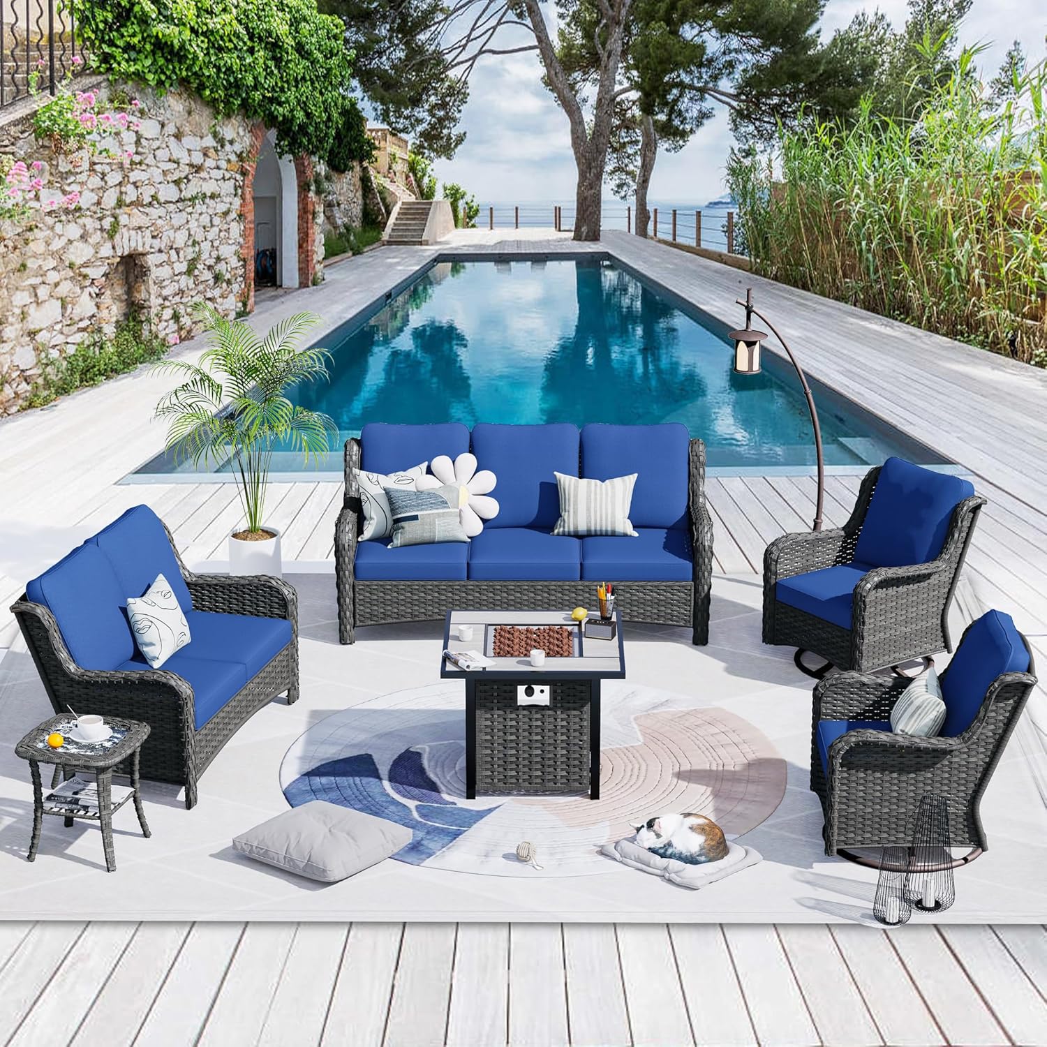 HOOOWOOO Patio Outdoor Furniture with Fire Pit Table,High Back 6 Piece Wicker Patio Conversation Set with Swivel Chairs,7 Person Couch Sofa Seating,Denim Blue