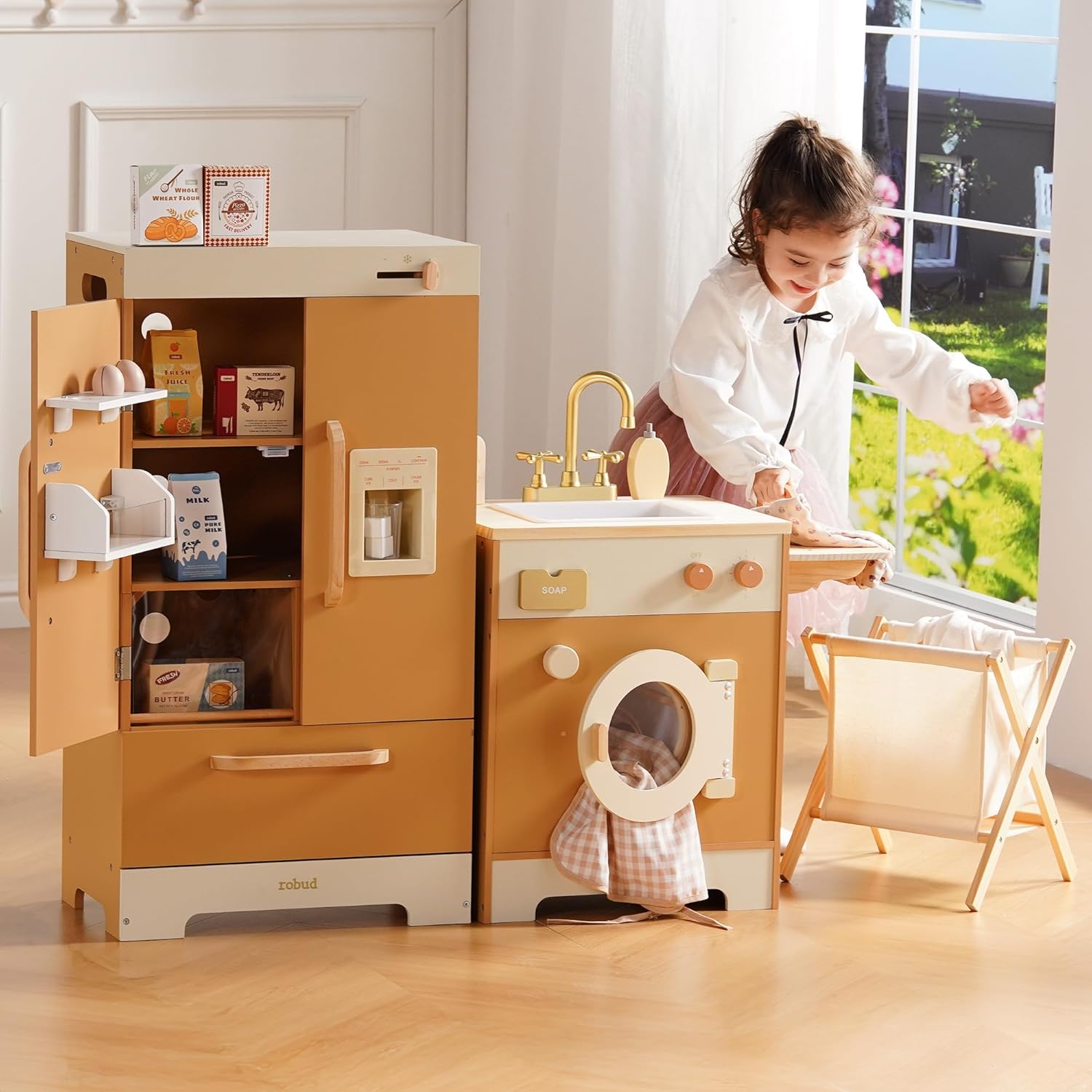 ROBUD Wooden Play Kitchen, 4-in-1 Kids Kitchen Playset with Fridge, Washing Machine, Dishwasher, Toddlers Role Play Kitchen Set Gift for Boys & Girls, Age 3+ (Caramel)