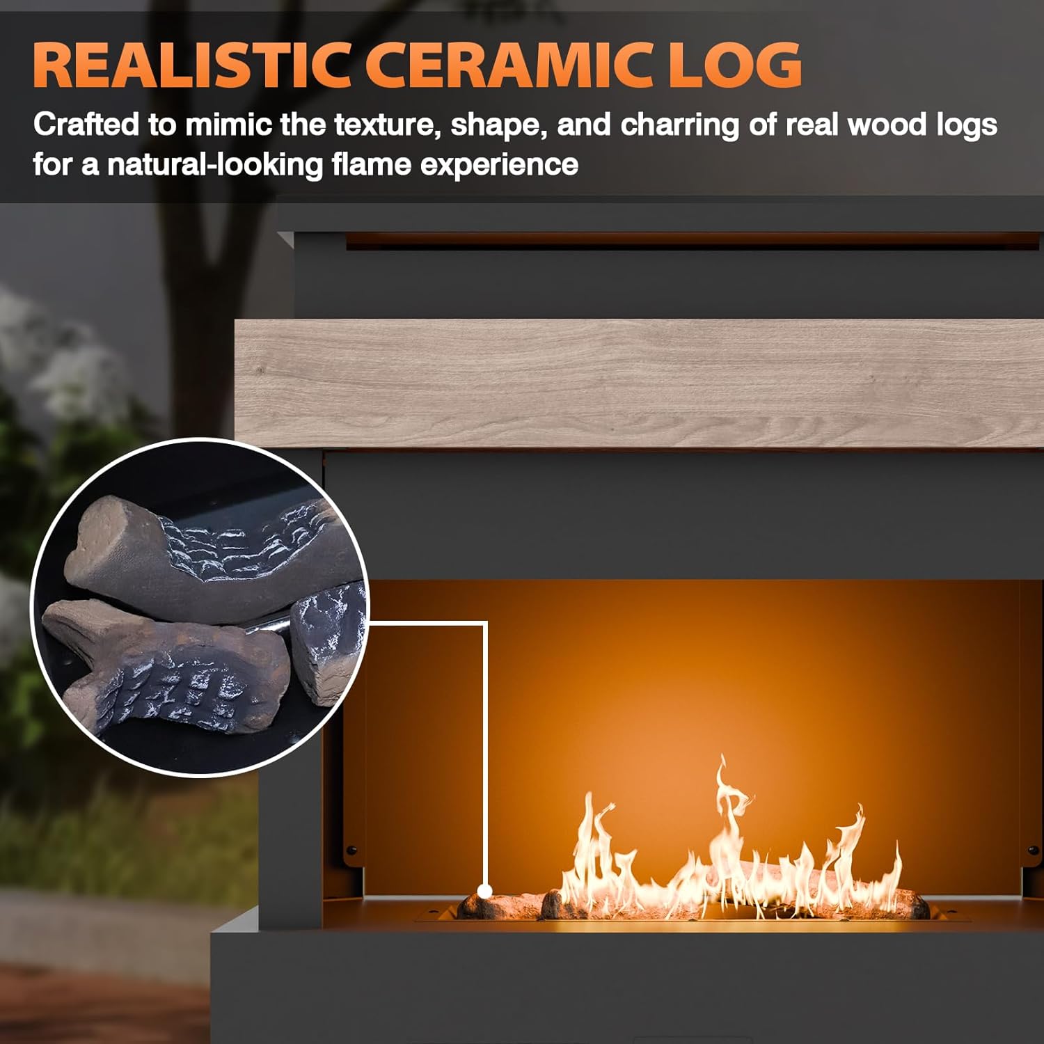 COOS BAY Outdoor Propane Fireplace Firepit, 50,000 BTU Adjustable Flame Chiminea Patio Heater with Tank Storage, Smokeless Gas, Ceramic Log, Modern Metal, 35.4''x22''x40.6'', Gray/Tan