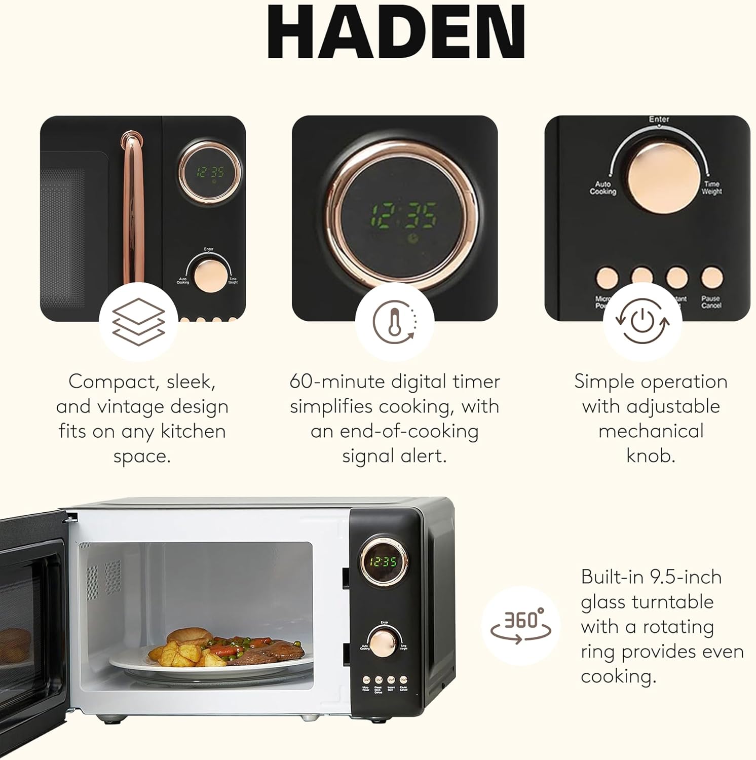 Haden 700 Watt 0.7 Cubic Foot Microwave Oven with Digital Controls, Defrost, and Instant Start Countertop Small Appliance, Black/Copper