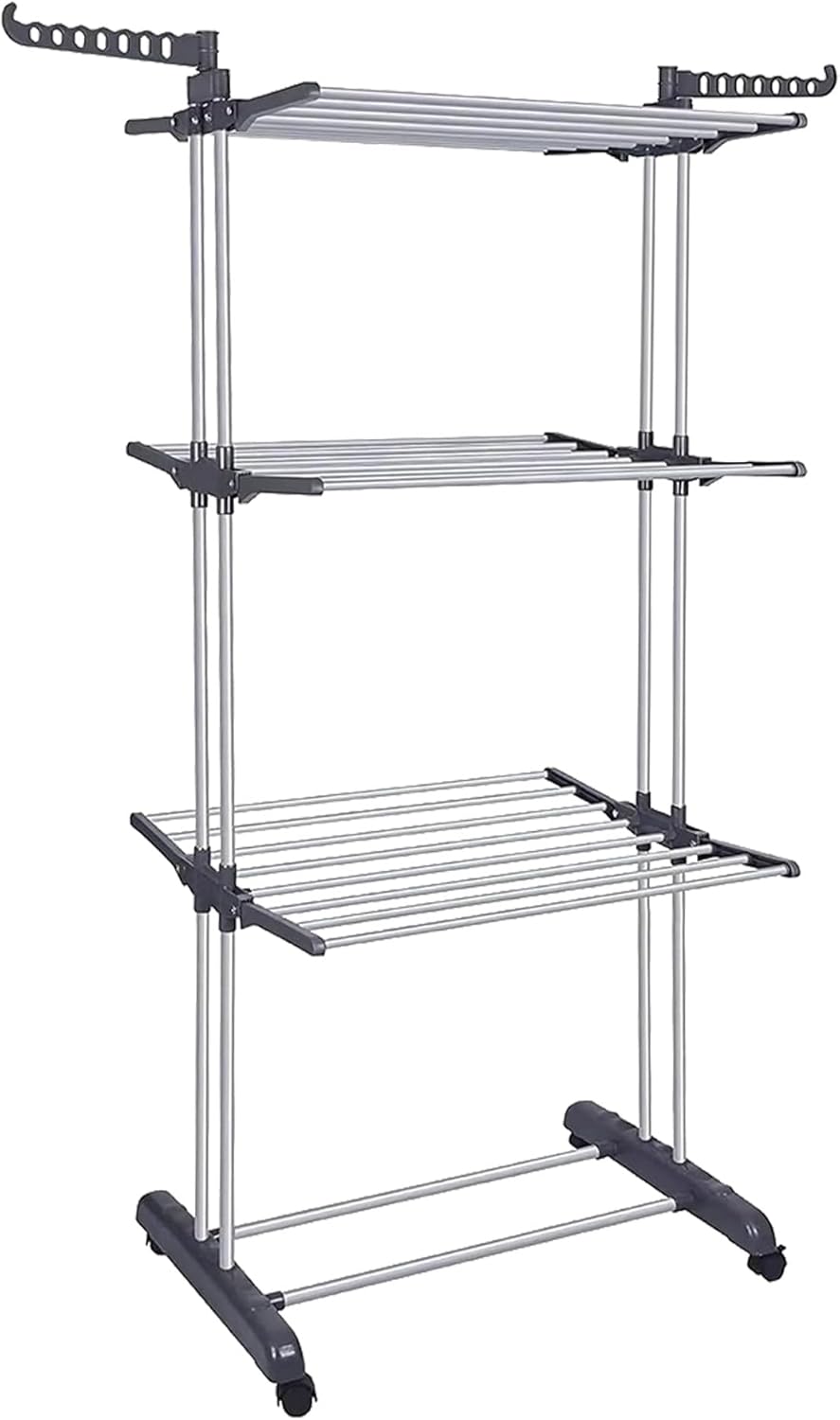 3-Tier Foldable Clothes Drying Rack with Wheels, 77 lb Capacity, Gray